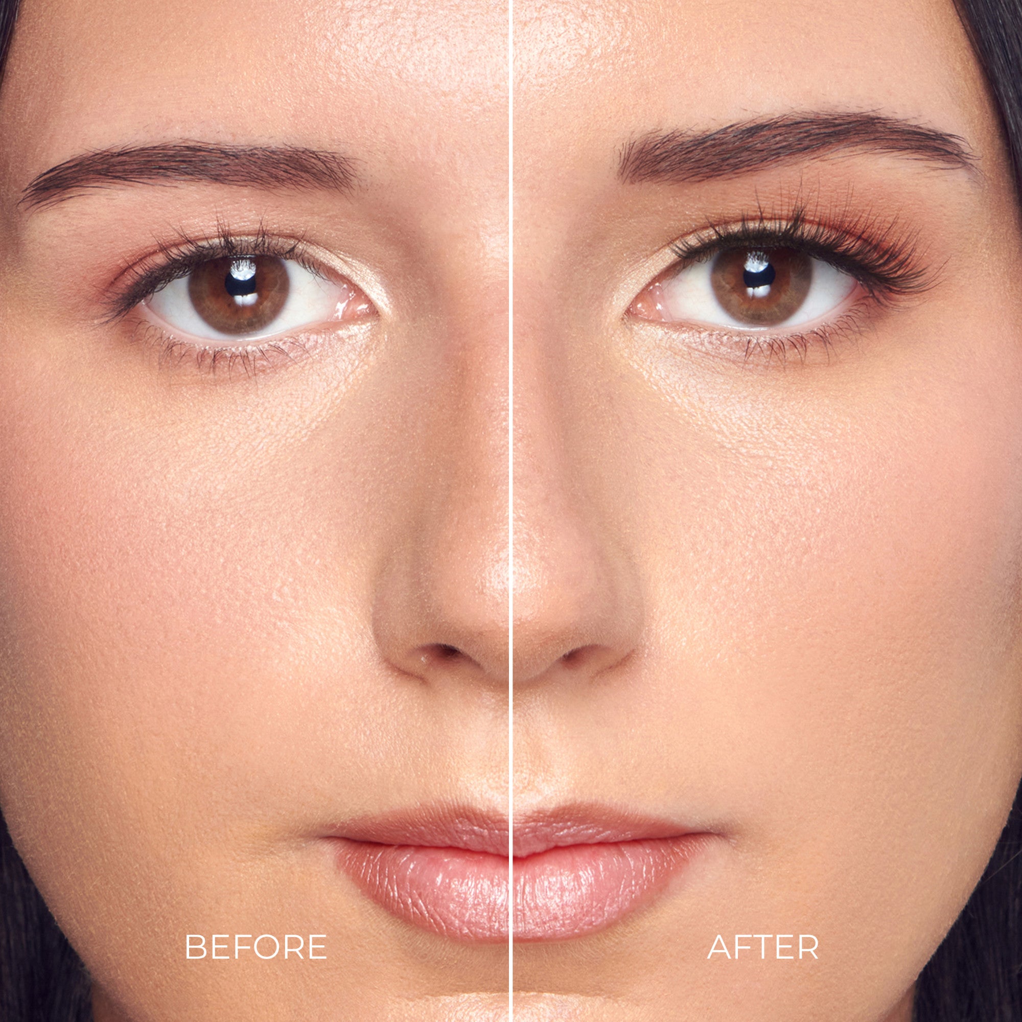 Before and after beauty comparison showing lash and eyebrow enhancement results.