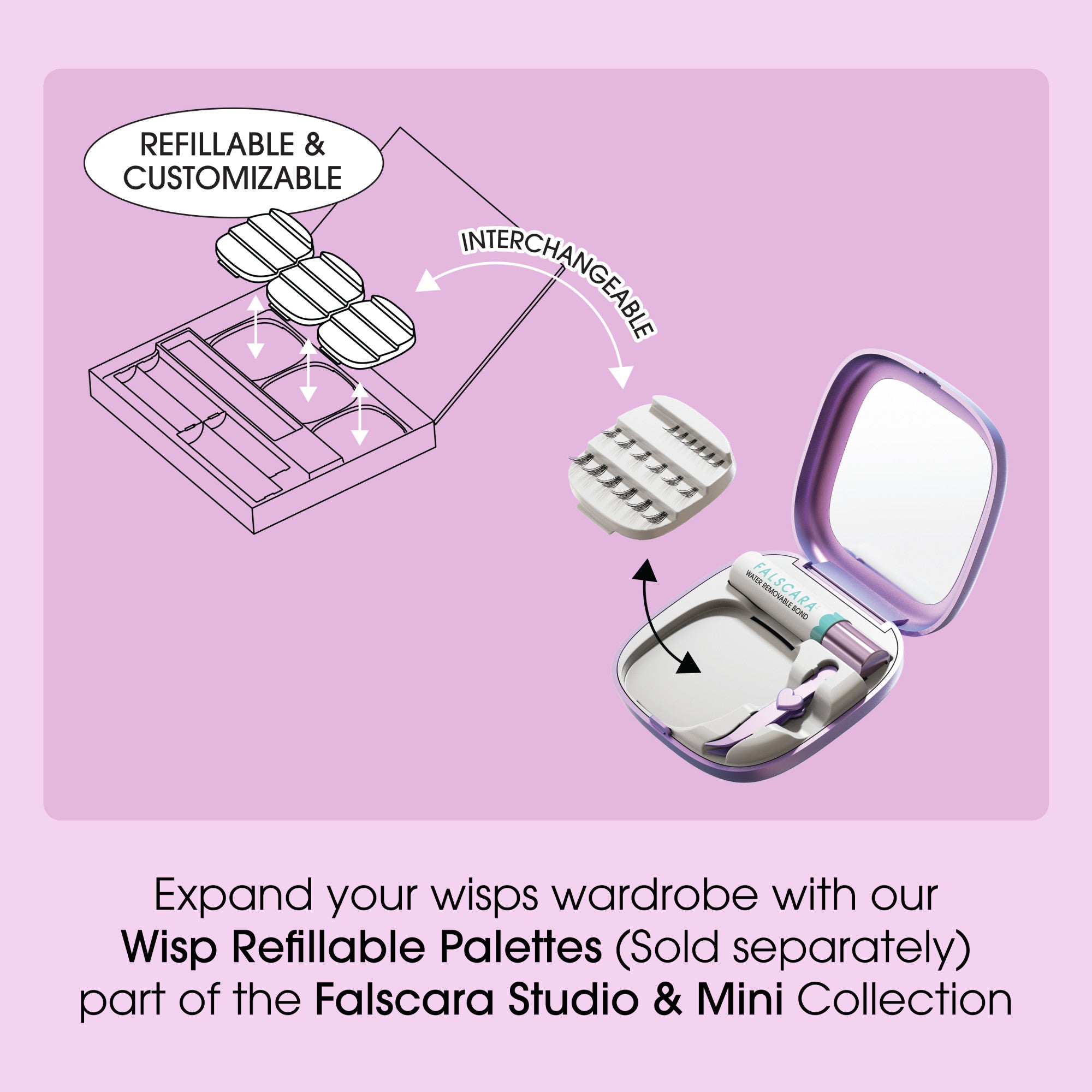 Wisp Refillable Palettes with interchangeable lash palette trays and compact case.