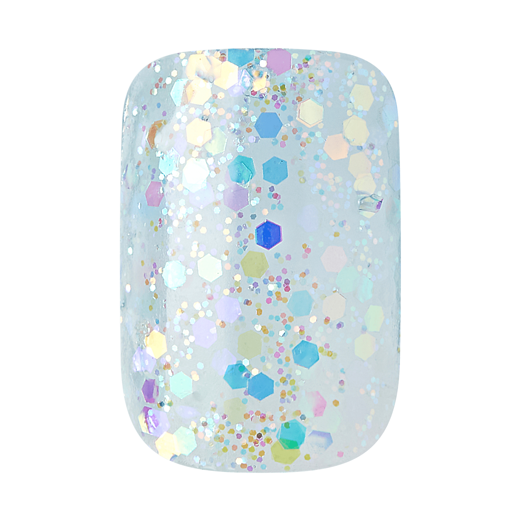 Clear press-on nail with iridescent hexagonal glitter in shades of blue, purple, gold, and white, creating a sparkling, dreamy effect.