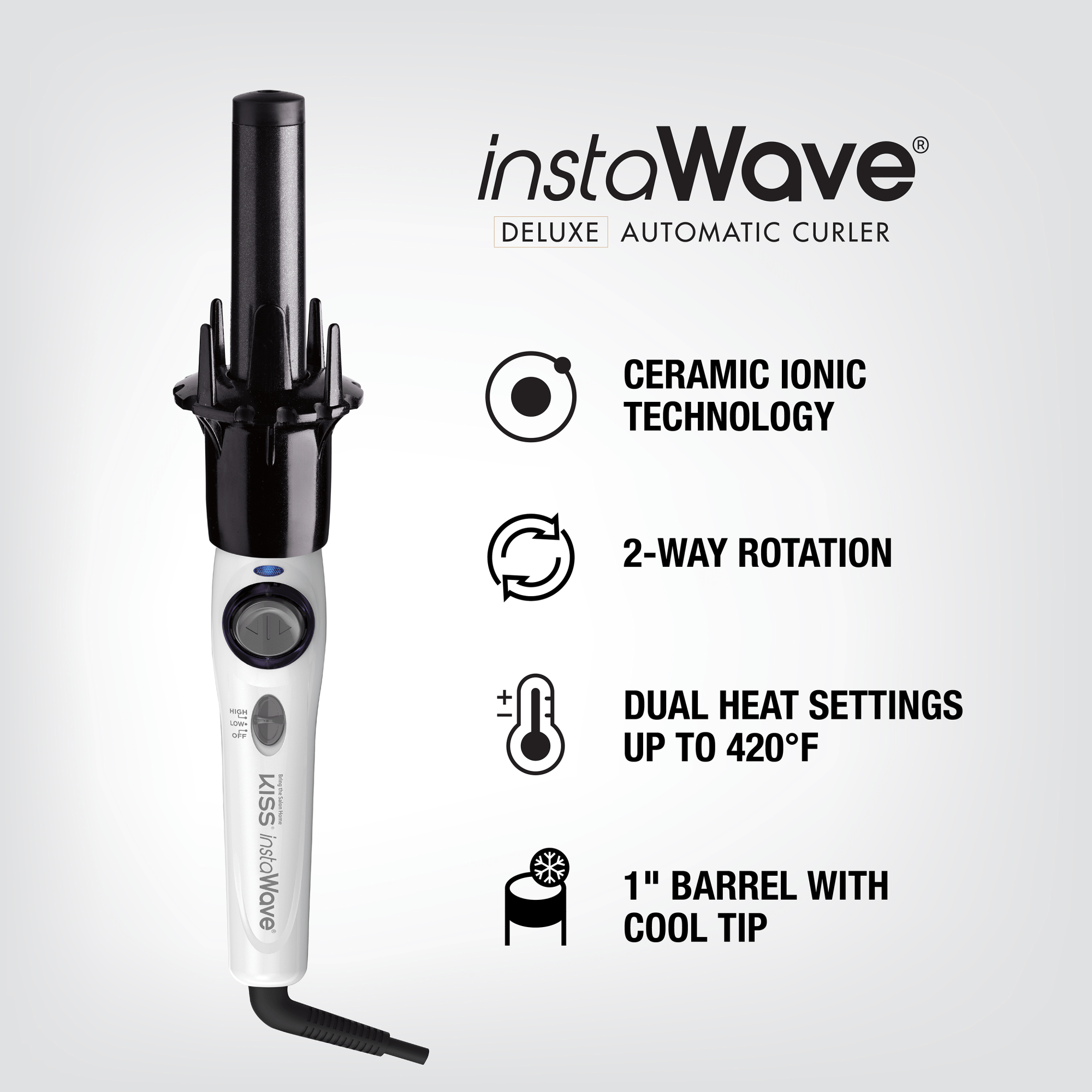 White and black Instawave Deluxe Automatic Hair Curler with 1-inch barrel and cool tip, featuring ceramic ionic technology, 2-way rotation, and dual heat settings up to 420°F.