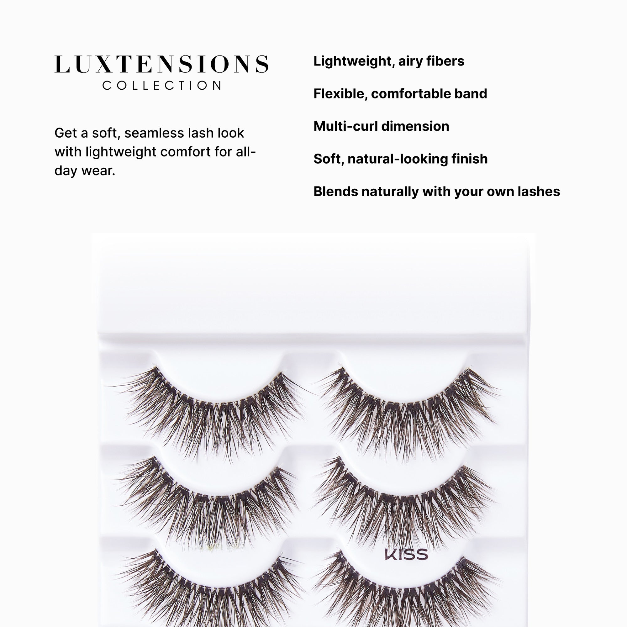 KISS Lash Couture LuXtensions Russian Volume lashes in white tray, featuring lightweight, multi-curl, soft fibers for a natural, seamless look.