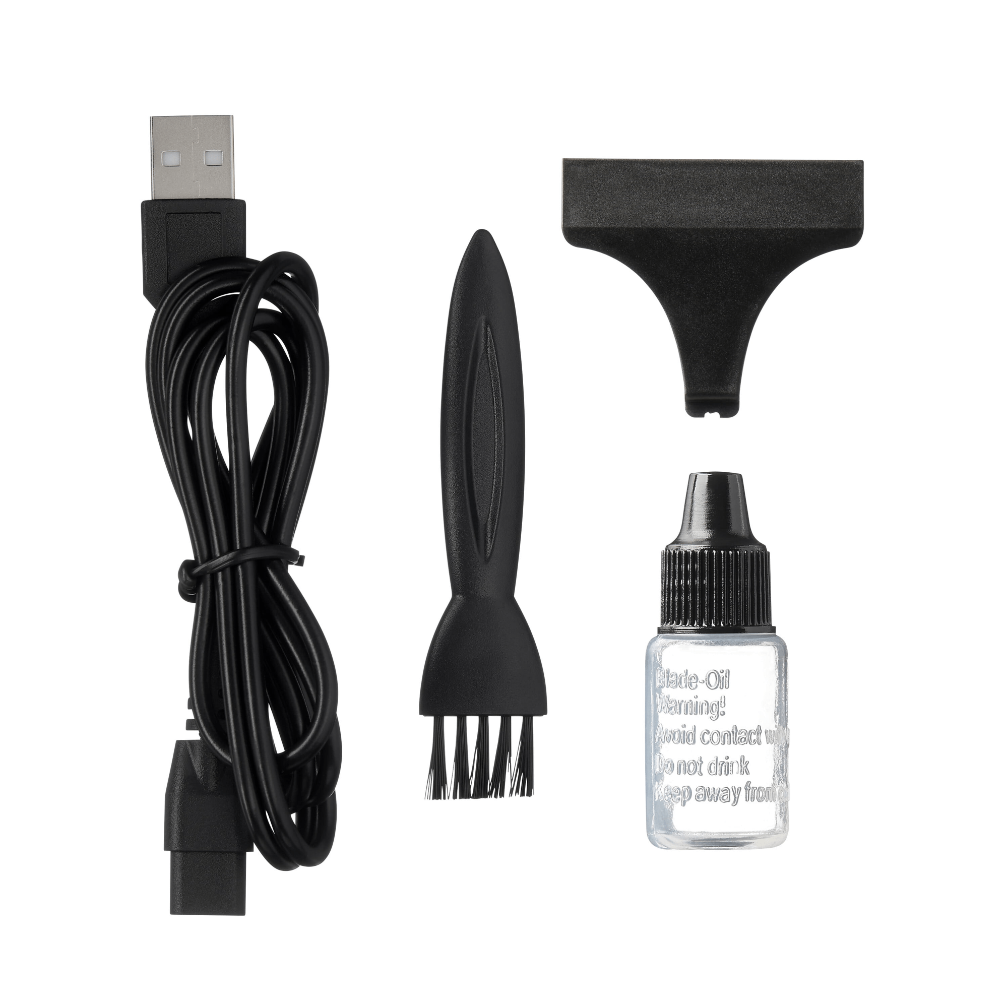 USB charging cable, a small black cleaning brush, a detachable black trimmer guard, and a small clear bottle of blade oil with safety warnings.