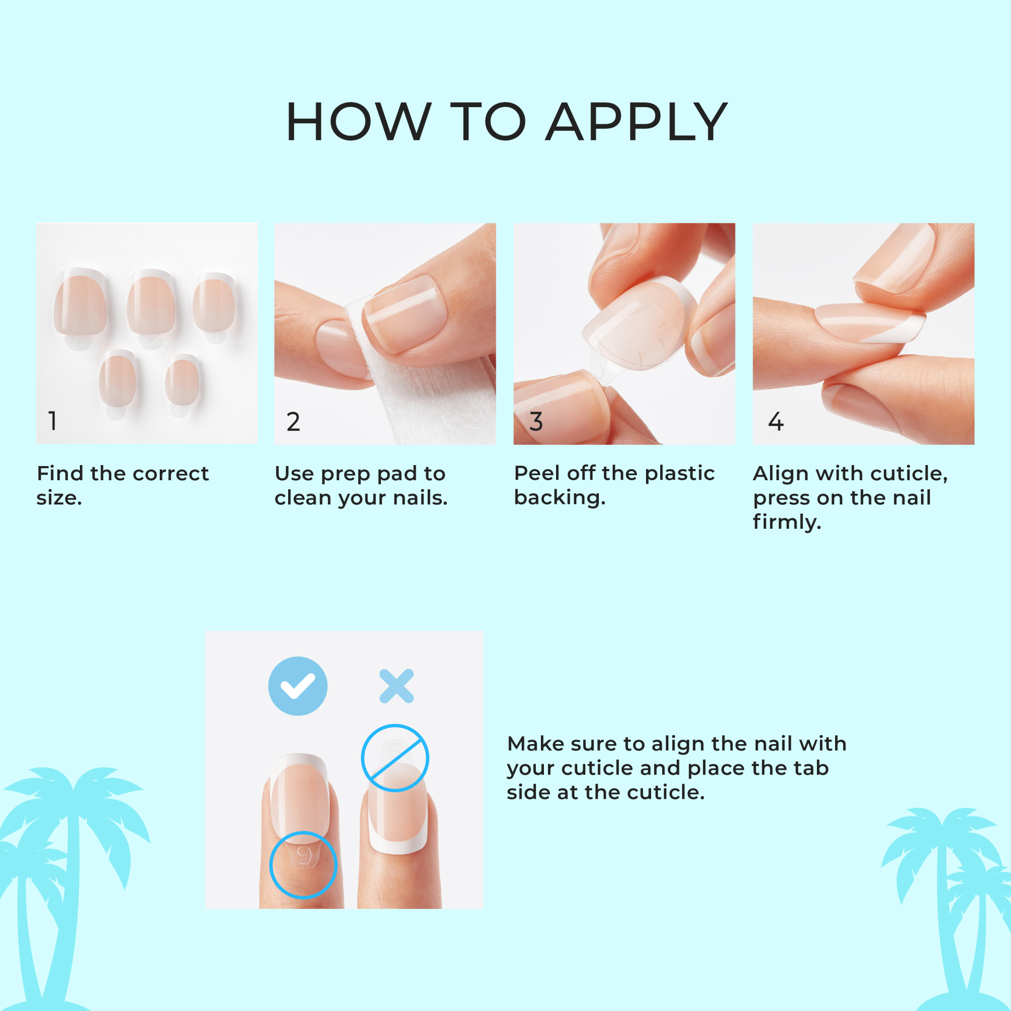 Step-by-step guide on how to apply nail extensions with illustrations and text.