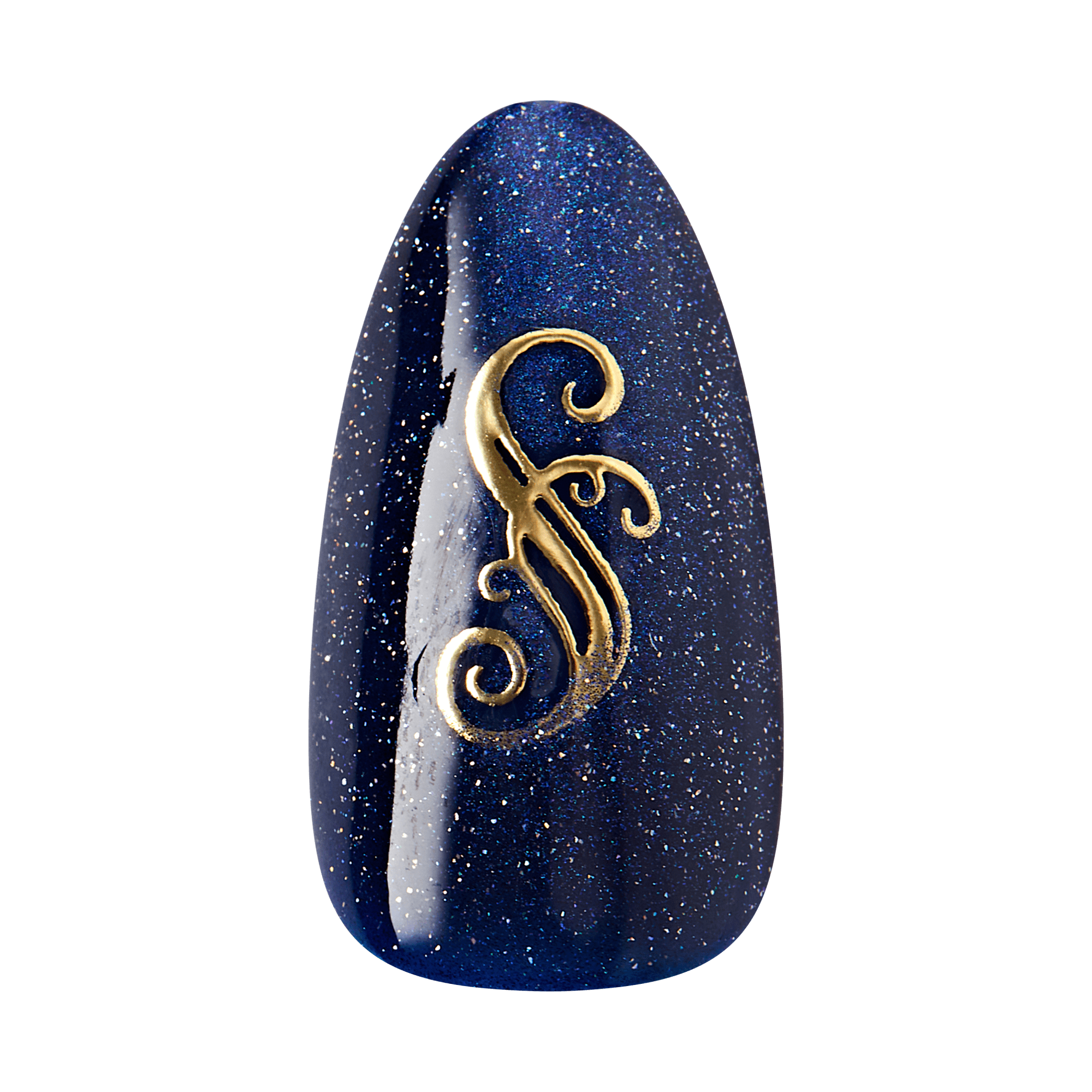 Deep blue glittery nail with a glossy finish featuring a raised, ornate gold letter \