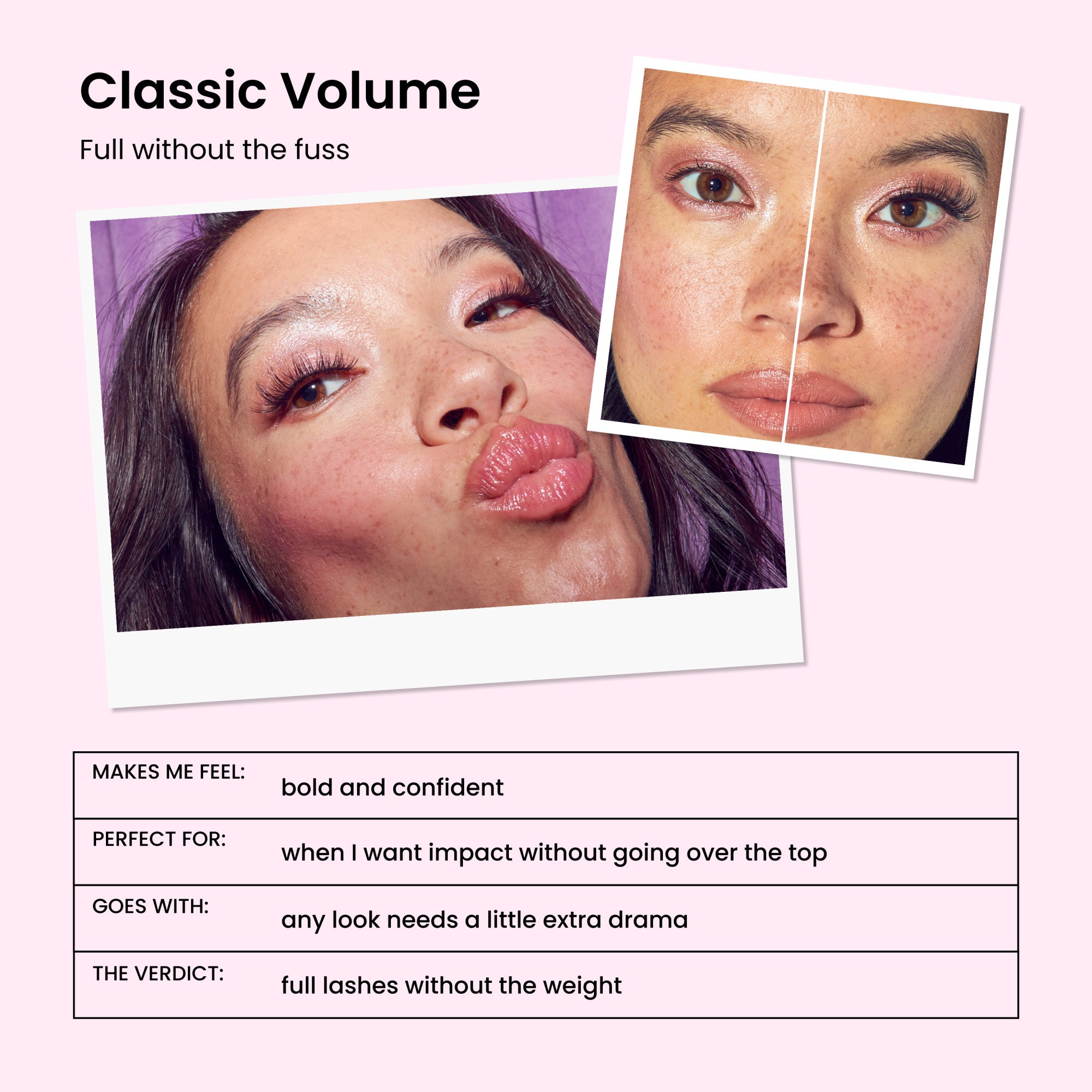 Classic Volume lash product showcase with before/after comparison and product benefits listed.
