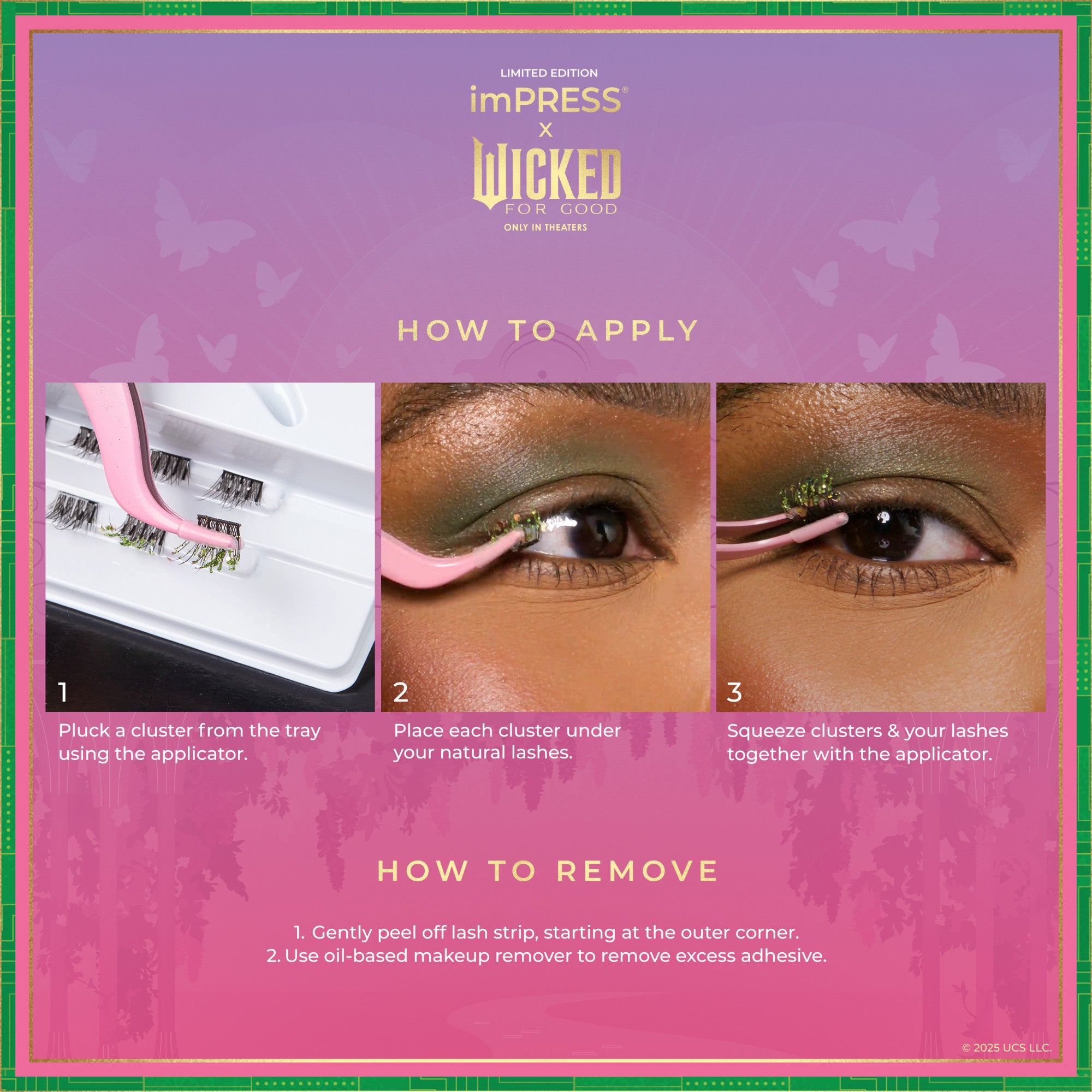 Limited edition imPRESS x Wicked For Good lashes instructions showing plucking clusters with pink applicator, placing under natural lashes, and squeezing to adhere.
