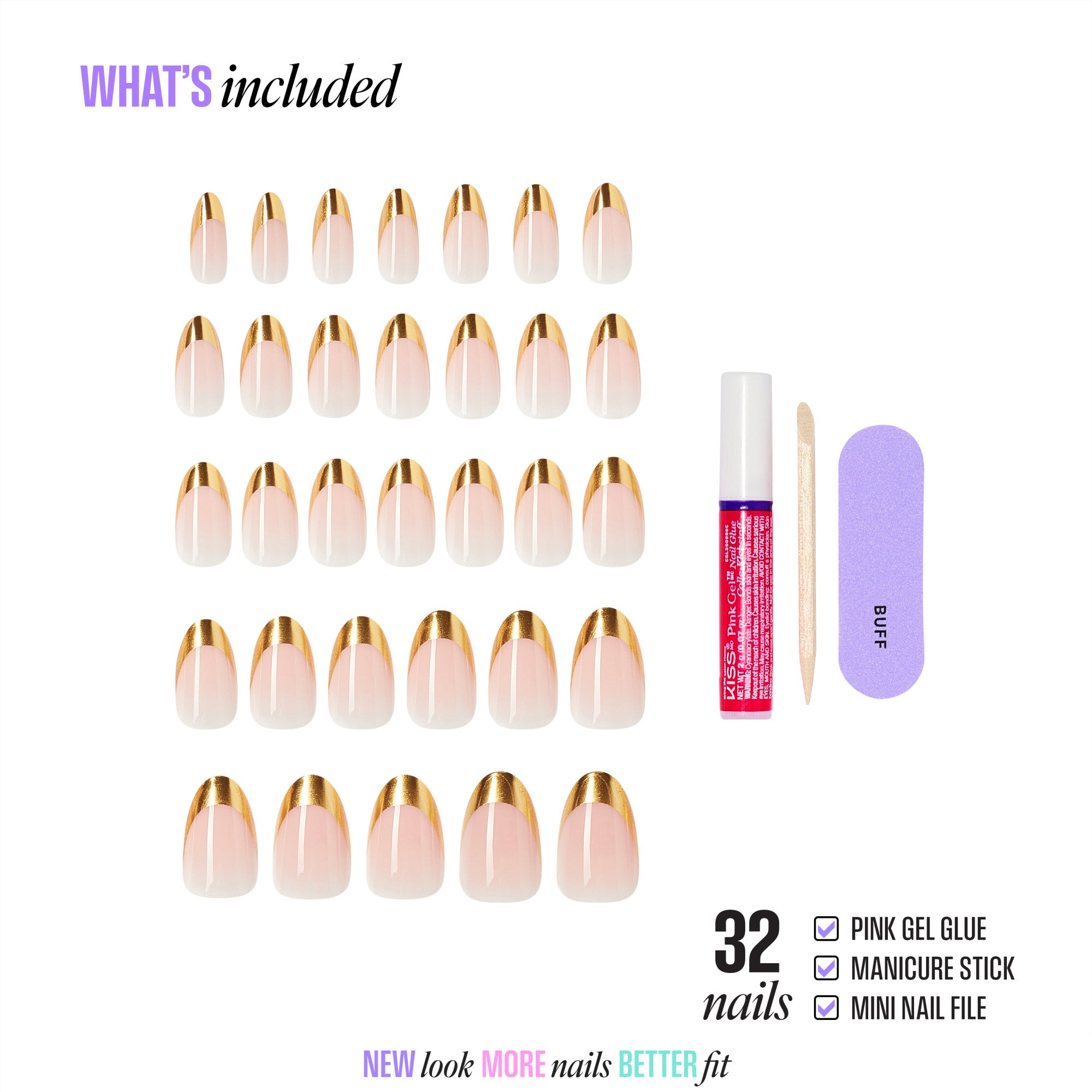 32 nude gel nails with gold tips, pink glue, manicure stick, and mini file included.