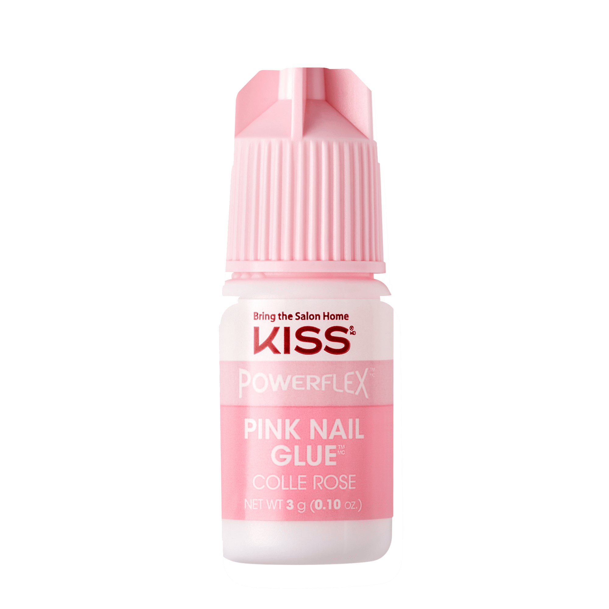 Small bottle of KISS PowerFlex Pink Nail Glue with a light pink cap and label, featuring the text \