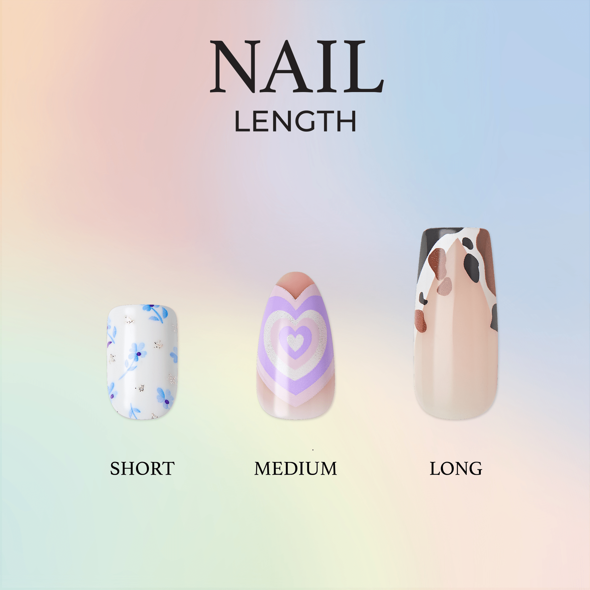 Three press-on nail samples displayed against a pastel gradient background, labeled \