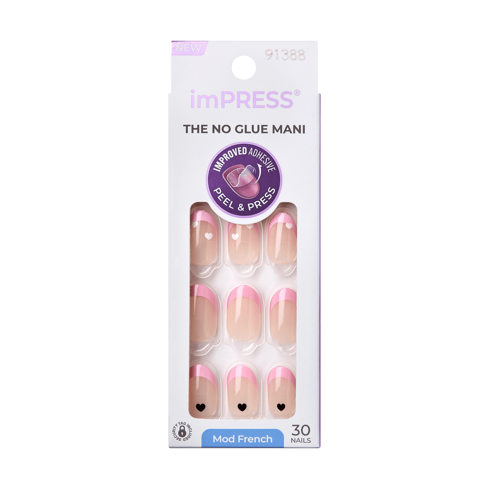 imPRESS French Press On Nails in Ditto design, nude base with pink tips and small heart accents, 30 nails, no glue needed, peel and press application.