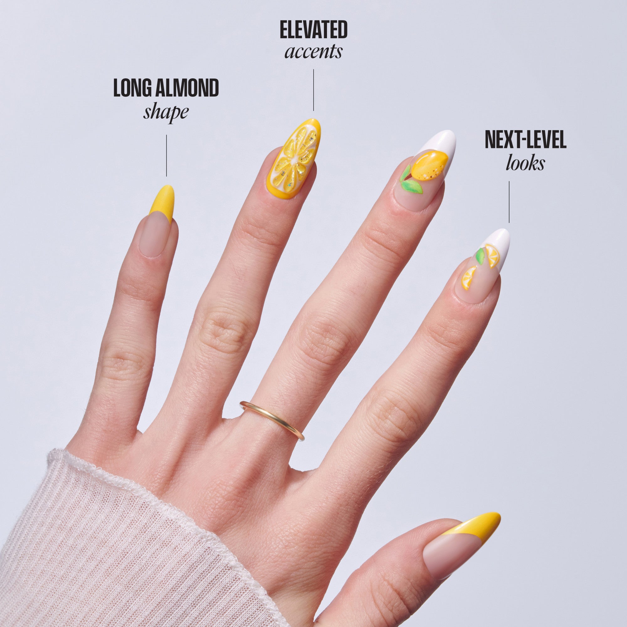 Lemon nail art designs: almond shape, elevated accents, and next-level looks with yellow tips.
