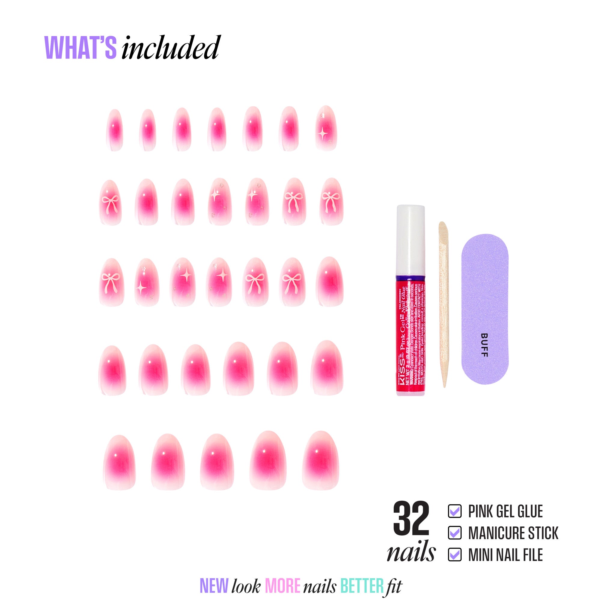 32 pink gradient press-on nails with bow designs, gel glue, manicure stick, and nail file included.