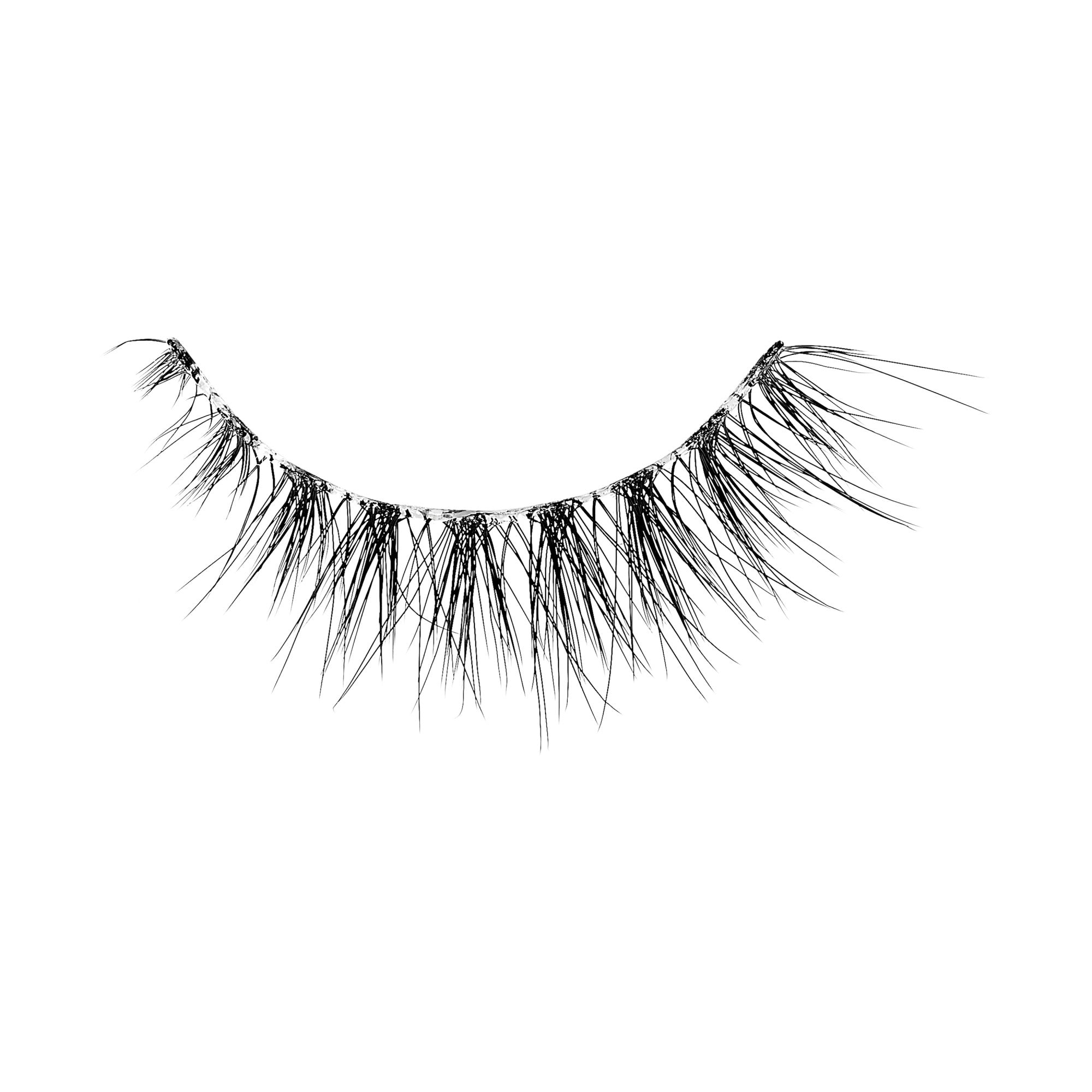 Single black false eyelash with a natural, wispy design and varying lash lengths, displayed against a white background.