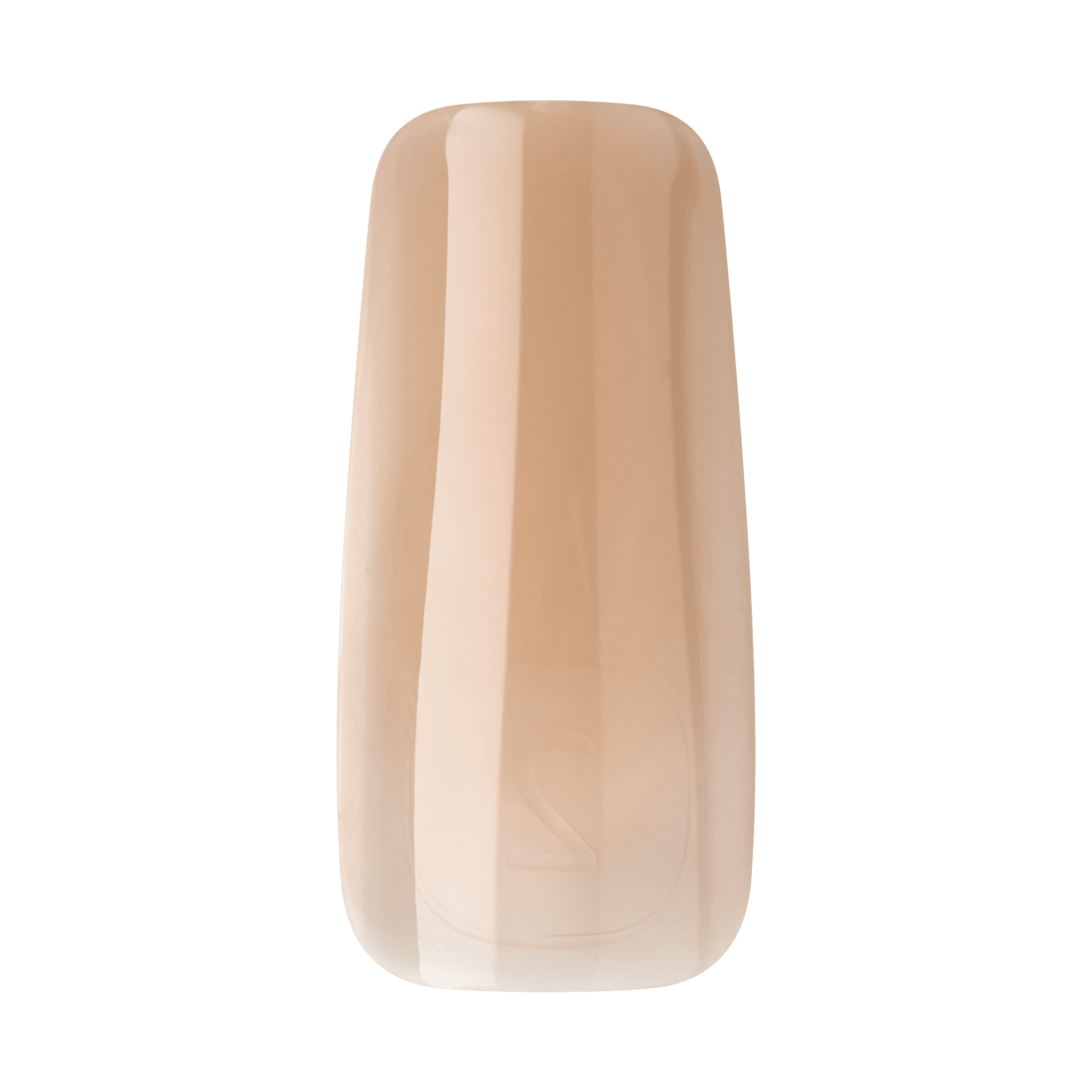 Single glossy press-on gel nail in a pale peachy nude shade with an oval-rectangular shape, displaying size number \