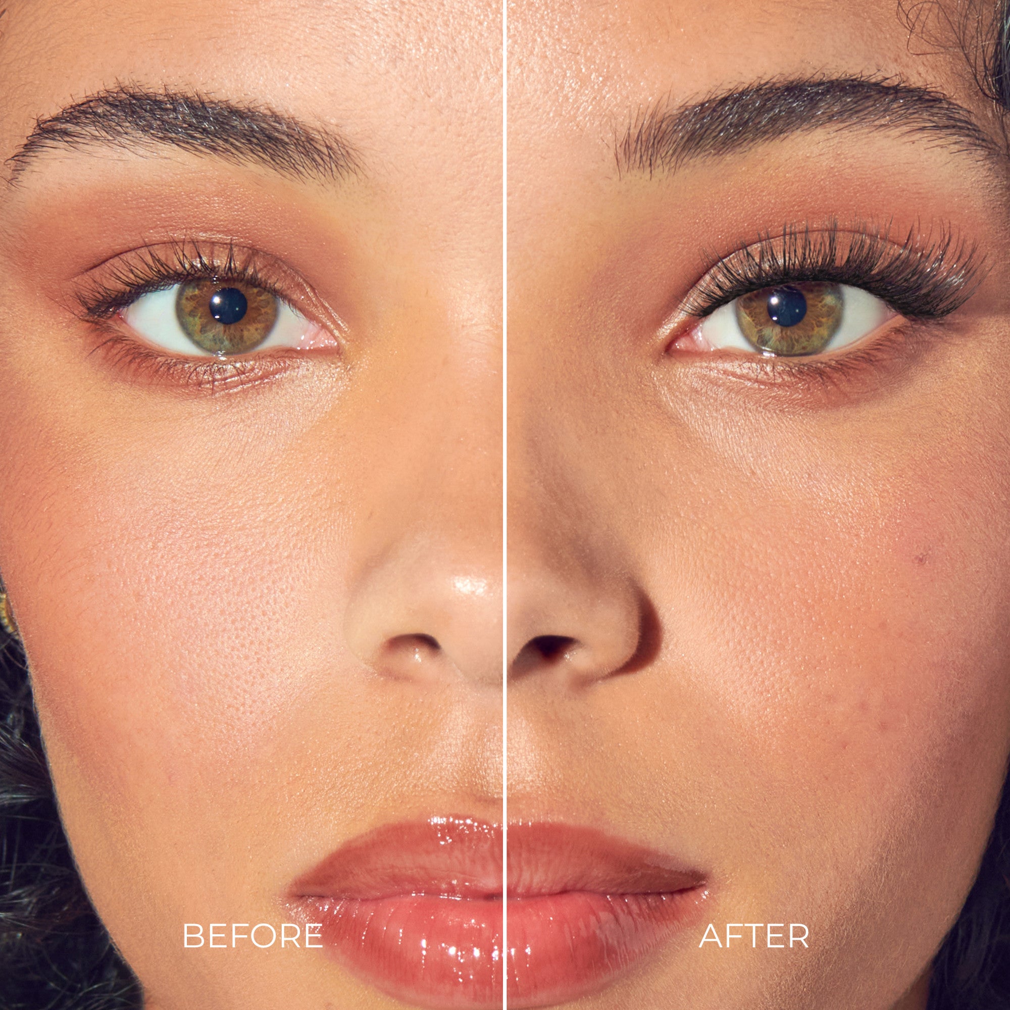 Before and after lash extension makeup comparison showing eye and lip enhancement.