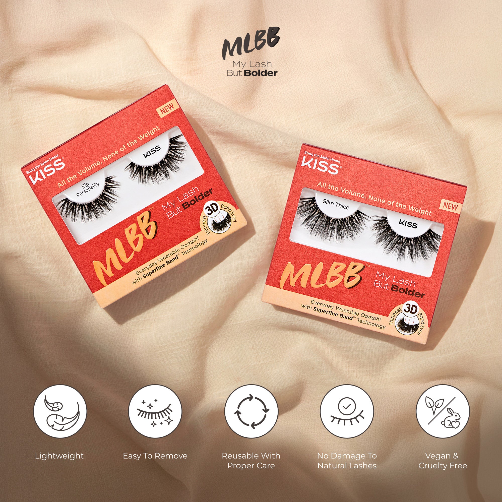 Two red and beige KISS MLBB 3D Volume false eyelash packages on a beige fabric background. Left package labeled \