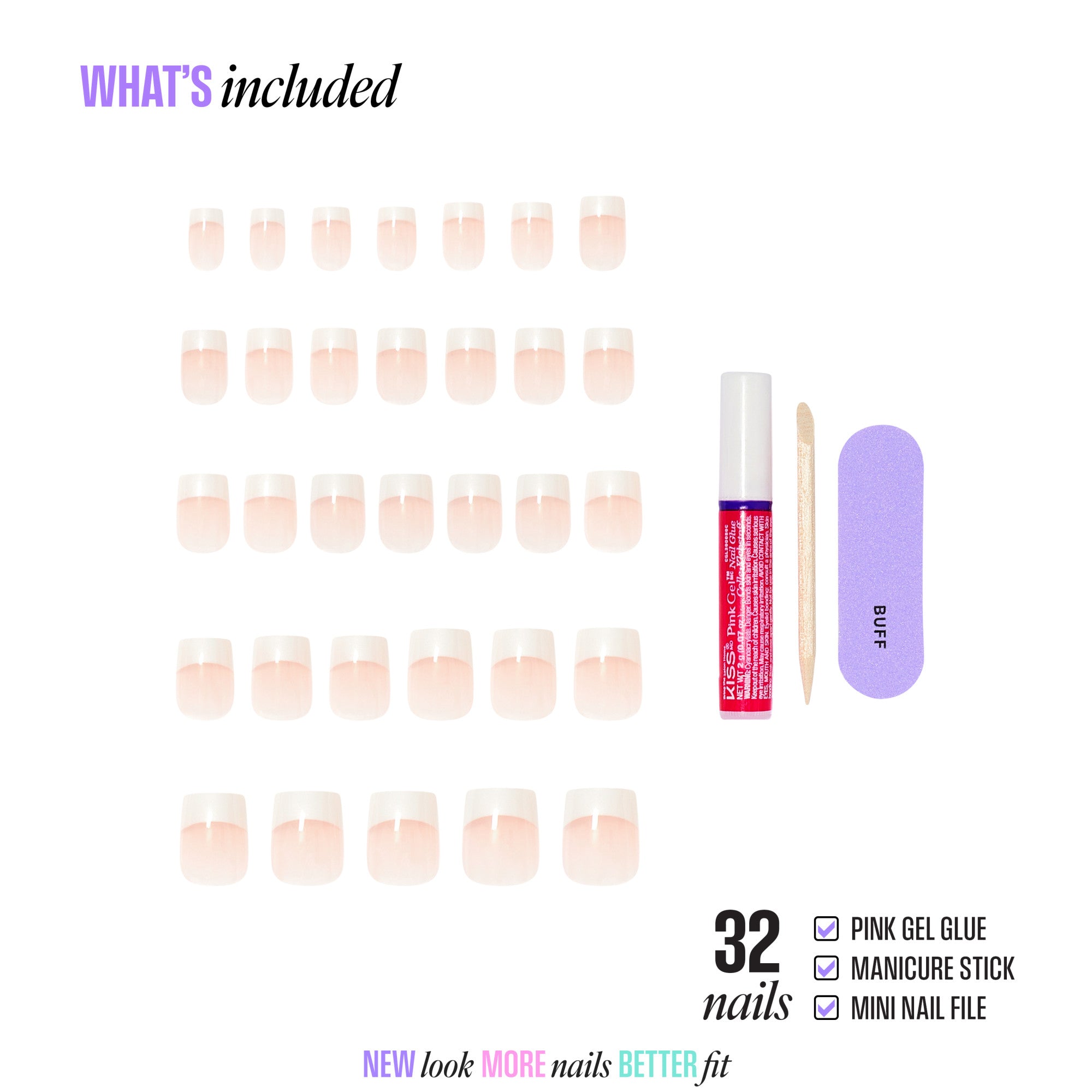32 nude gel press-on nails with pink gel glue, manicure stick, and mini nail file included.