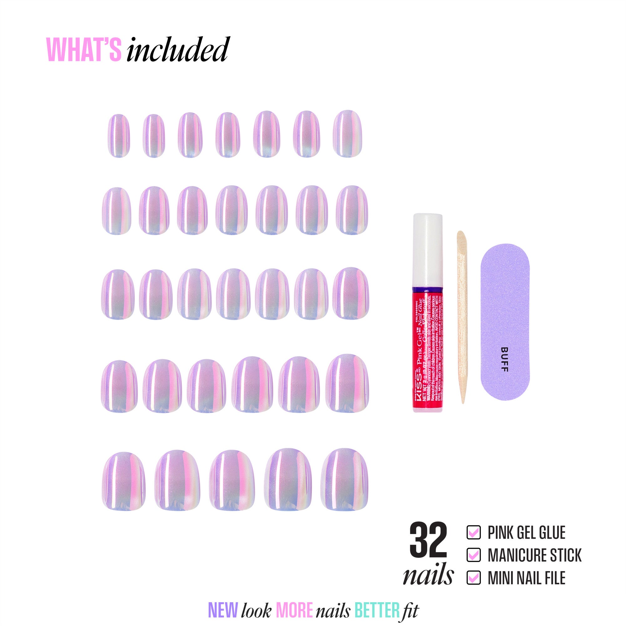 32 holographic press-on nails with gel glue, manicure stick, and nail file included.