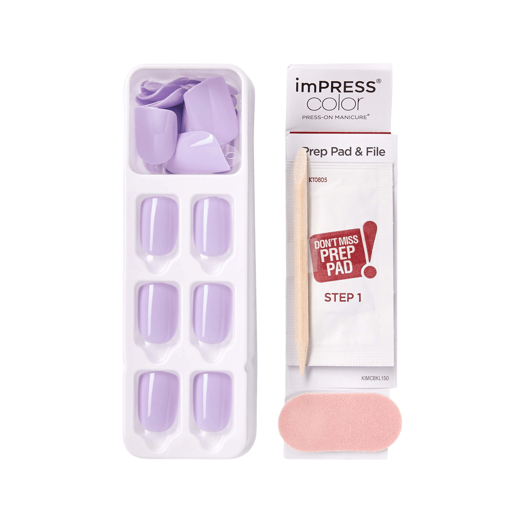 Tray of glossy light purple press-on nails in various sizes next to imPRESS Color prep pad, wooden stick, and pink nail file, with \