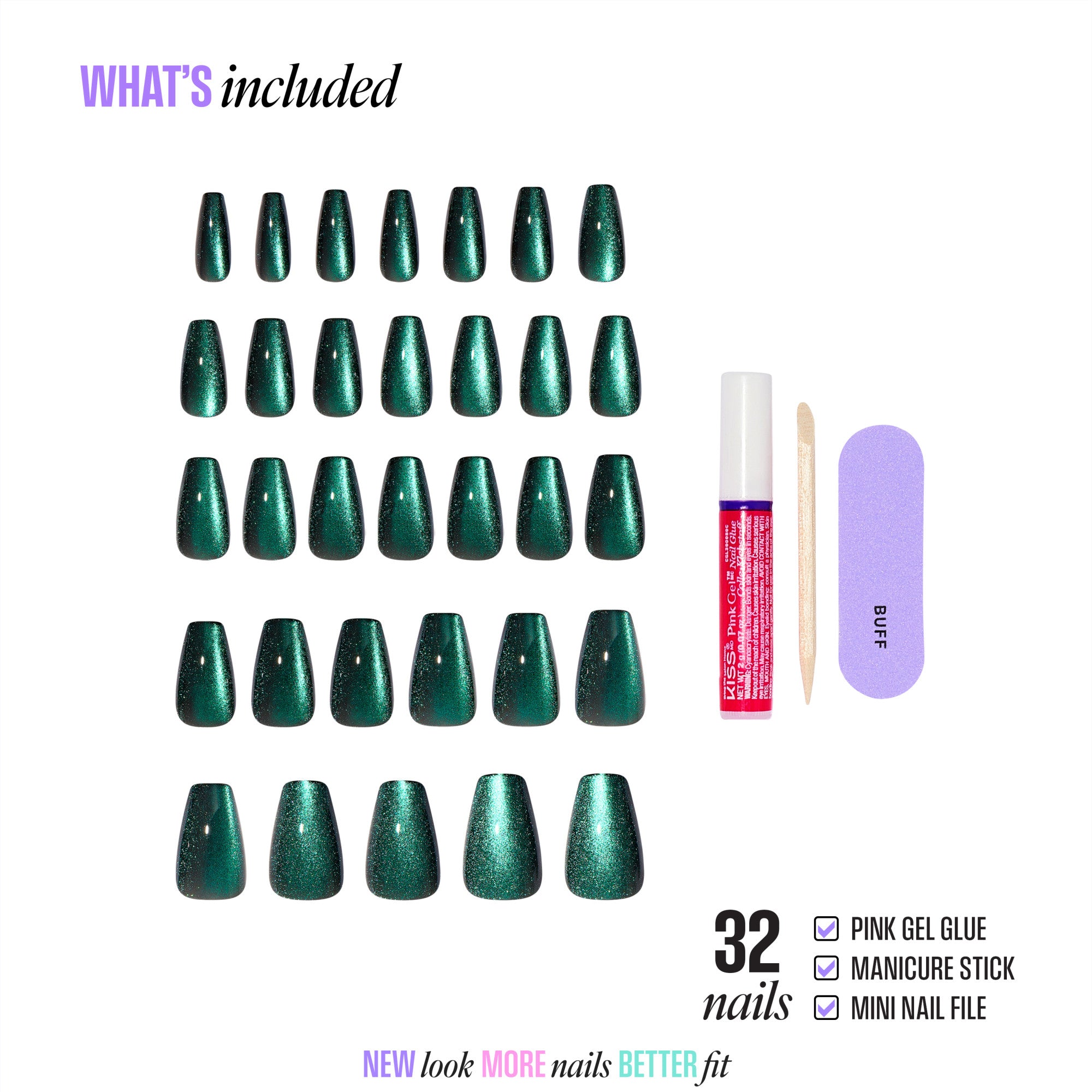 Green glitter press-on nails set with gel glue, manicure stick, and nail file.