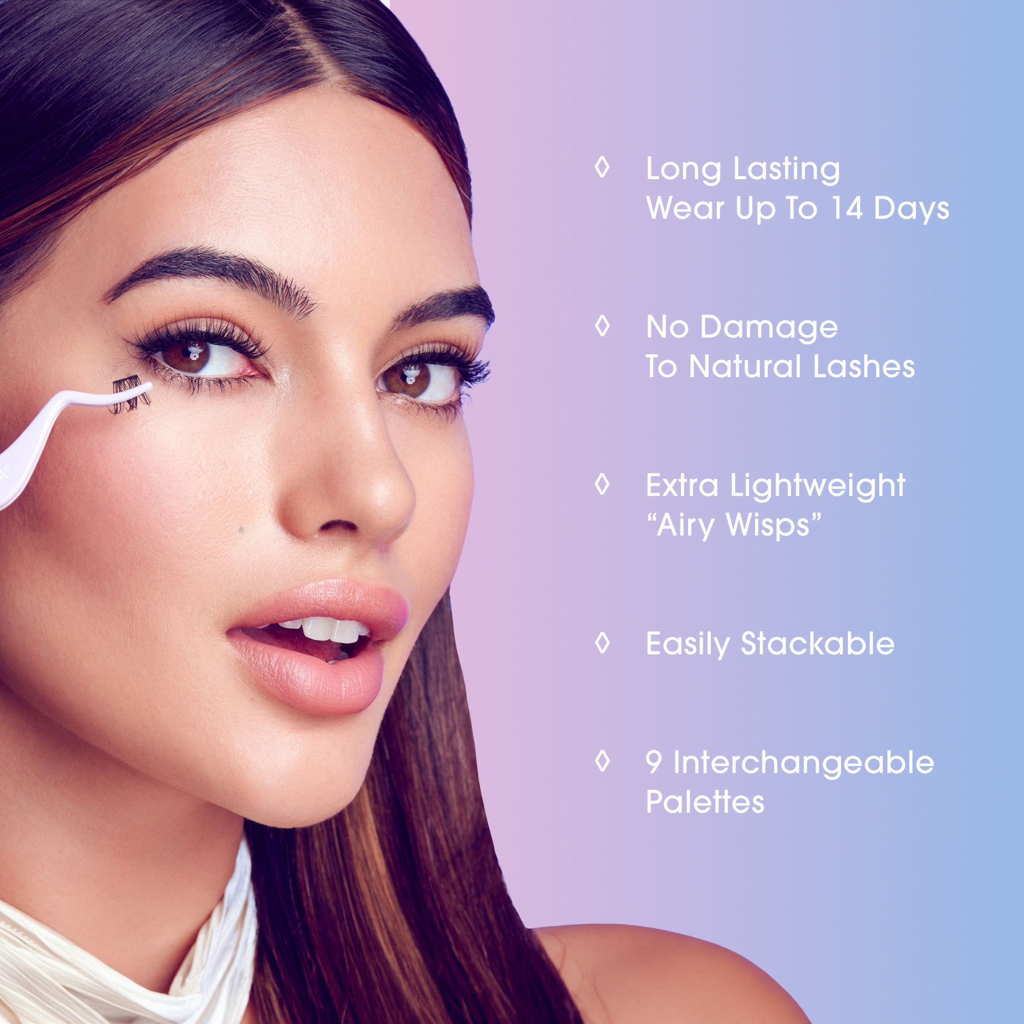 Close-up of a woman with long brown hair applying dark chocolate fluffy false lashes with tweezers, text highlights up to 14 days wear, no damage, lightweight, stackable, and 9 interchangeable palettes.