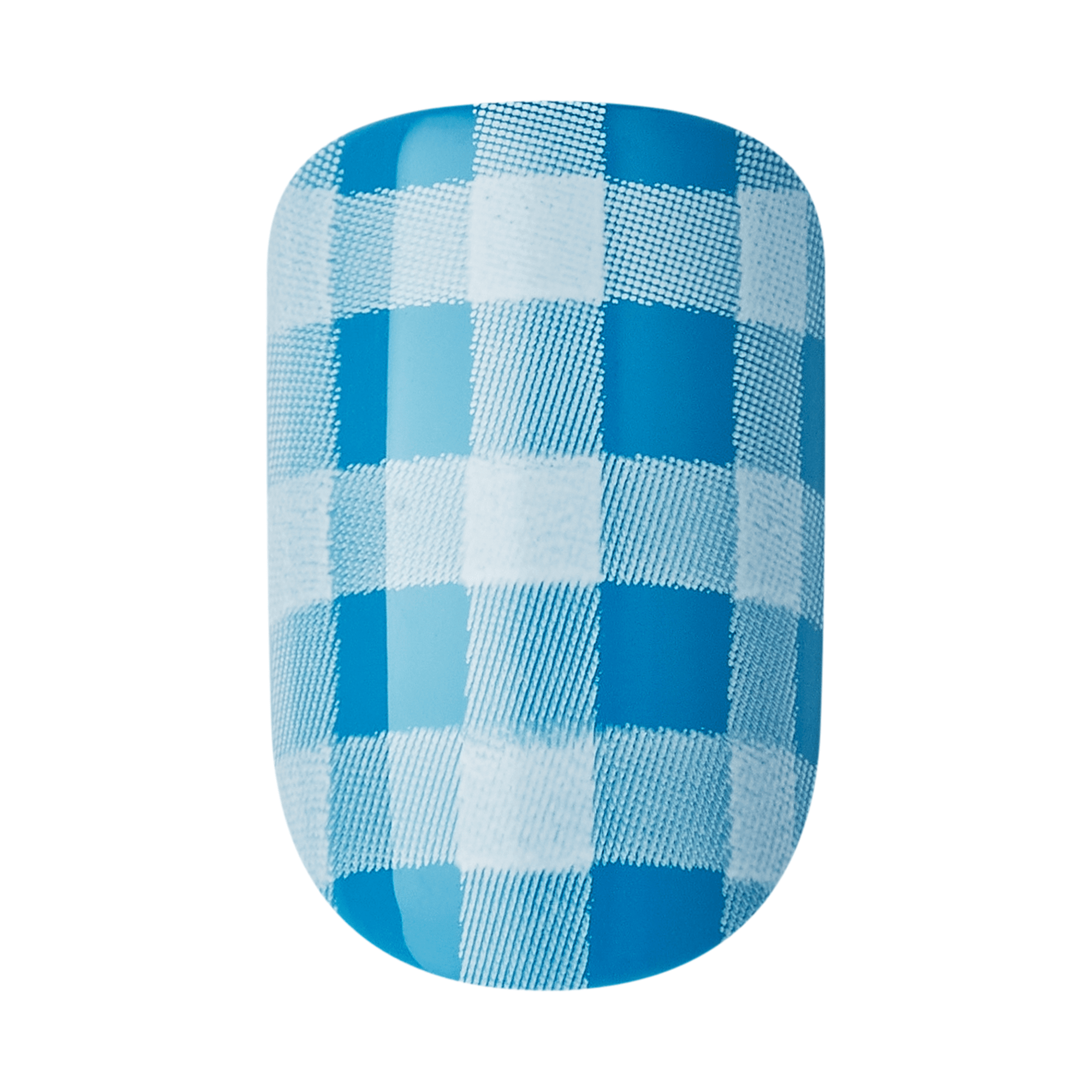 Artificial nail with a blue and white gingham check pattern resembling fabric texture, shown against a white background.
