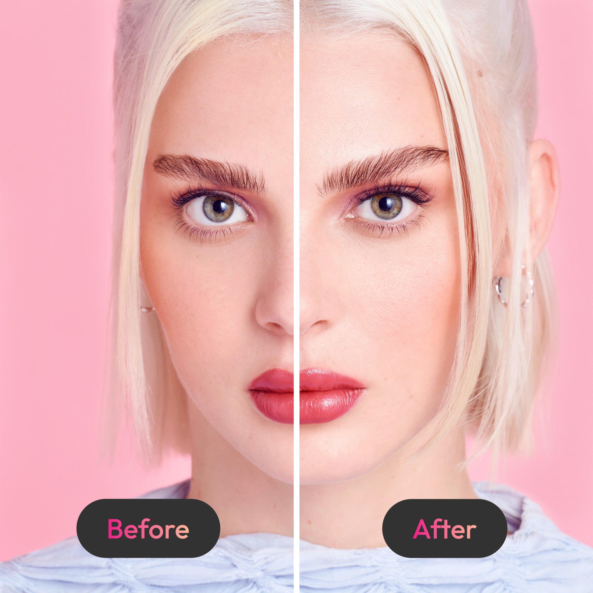 Close-up split view of a blonde woman’s face against a pink background showing before and after applying KISS Filter Lashes, with fuller and longer lashes on the right side. Labels read \