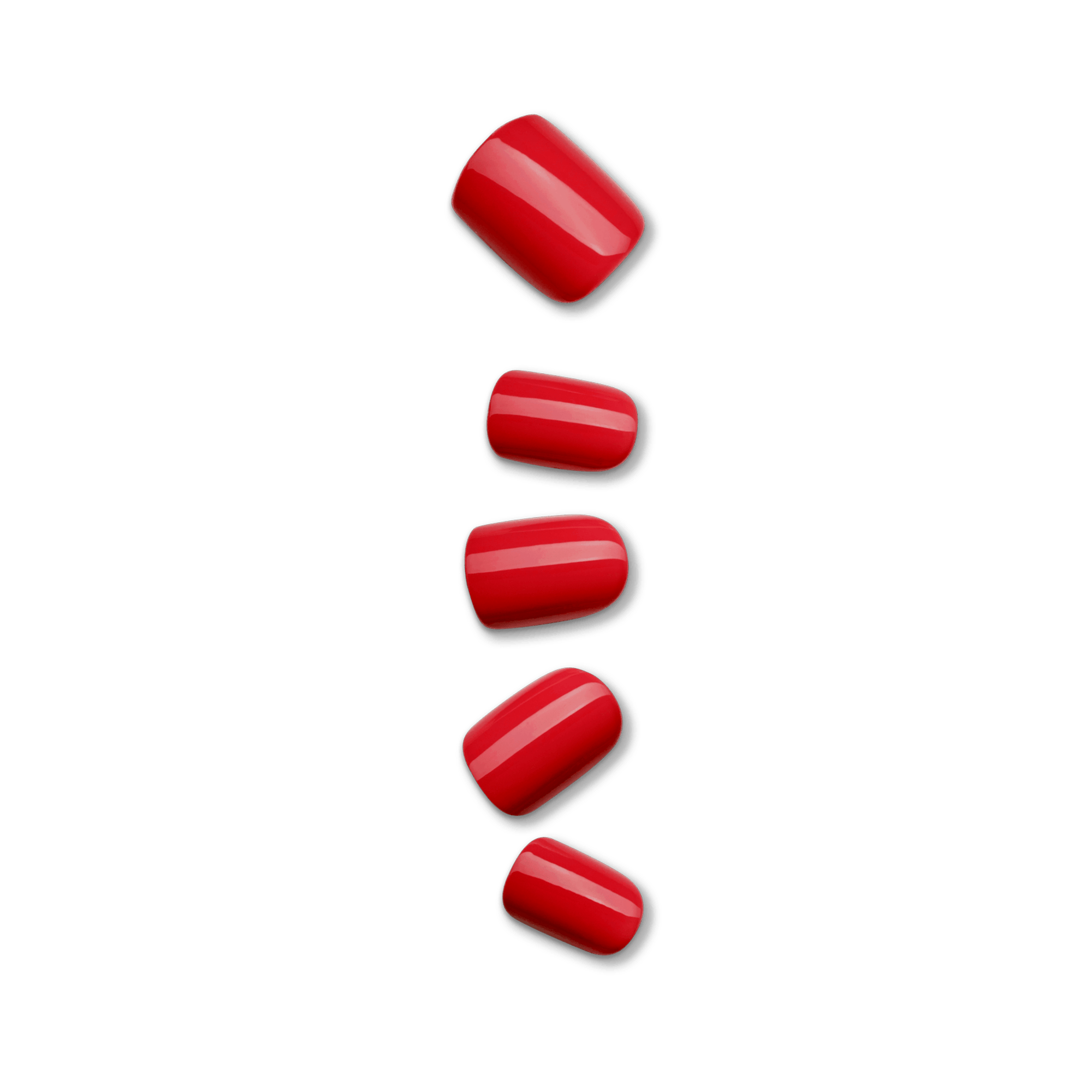 Glossy red press-on nails in five different sizes arranged vertically on a transparent background, showcasing the \