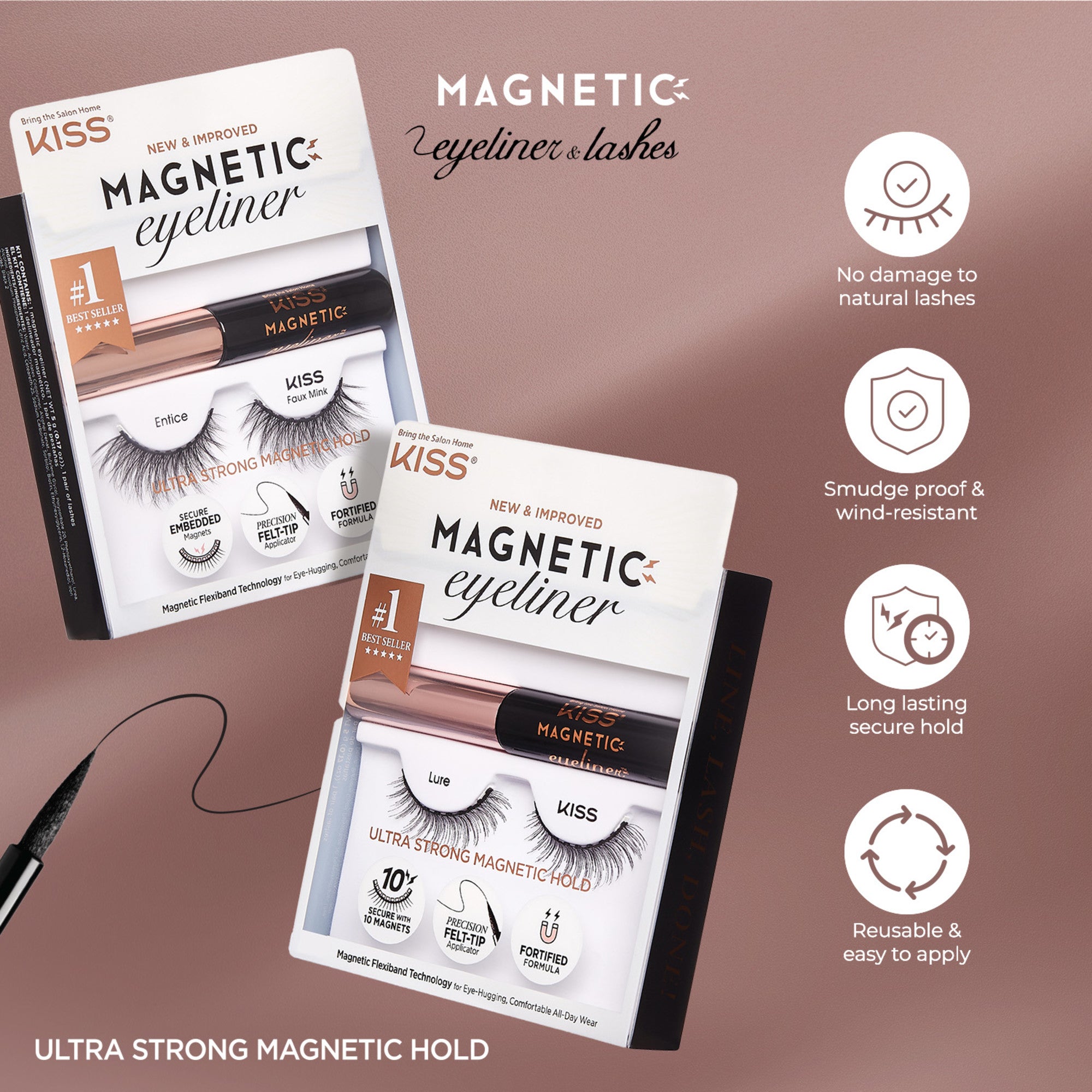 Two KISS Magnetic Eyeliner & Lashes packages in black and rose gold, showing \