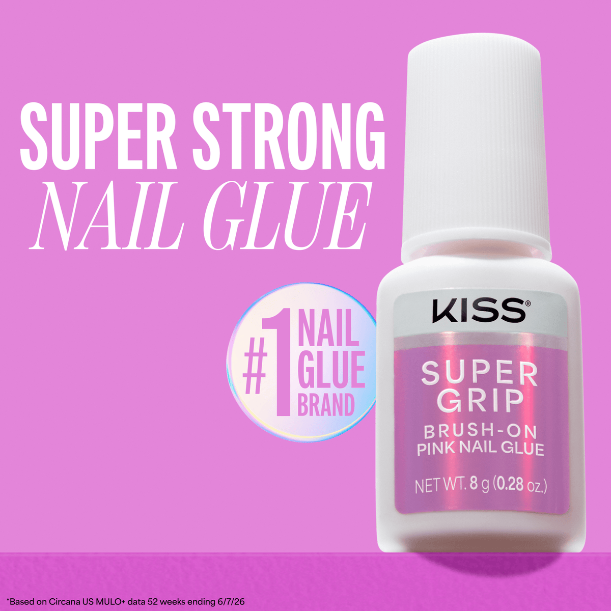 Kiss SuperGrip Brush-On Pink Nail Glue | Nail Adhesive, Press-On Glue, Vitamin E Infused, Long-Lasting Wear, Clean & Strong, Pink Tint, 0.28 oz.