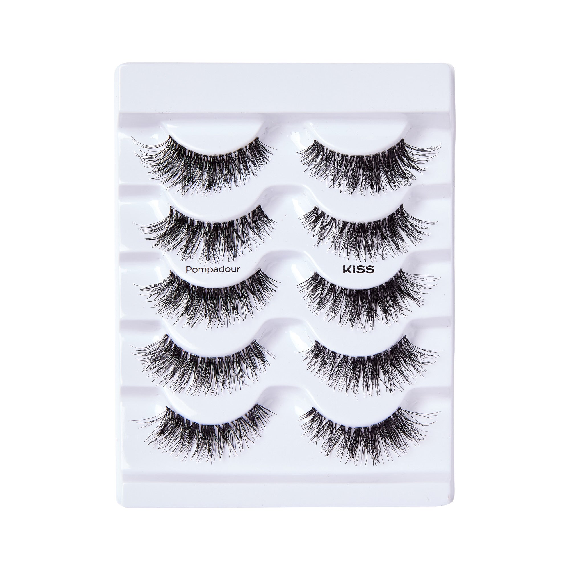 Five pairs of black, wispy false eyelashes arranged in white plastic tray packaging, with \