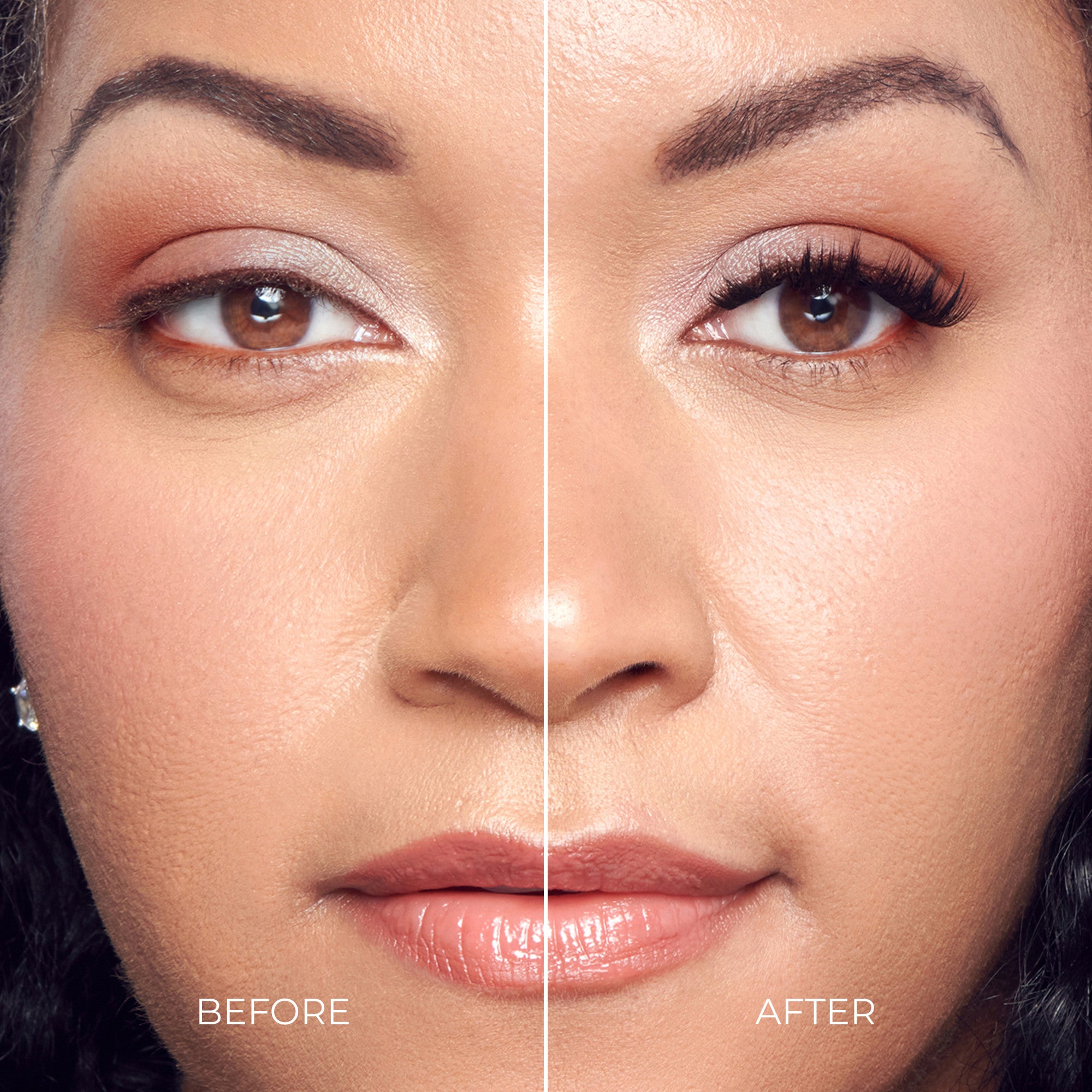 Before and after comparison of eye makeup application with eyelash extensions.