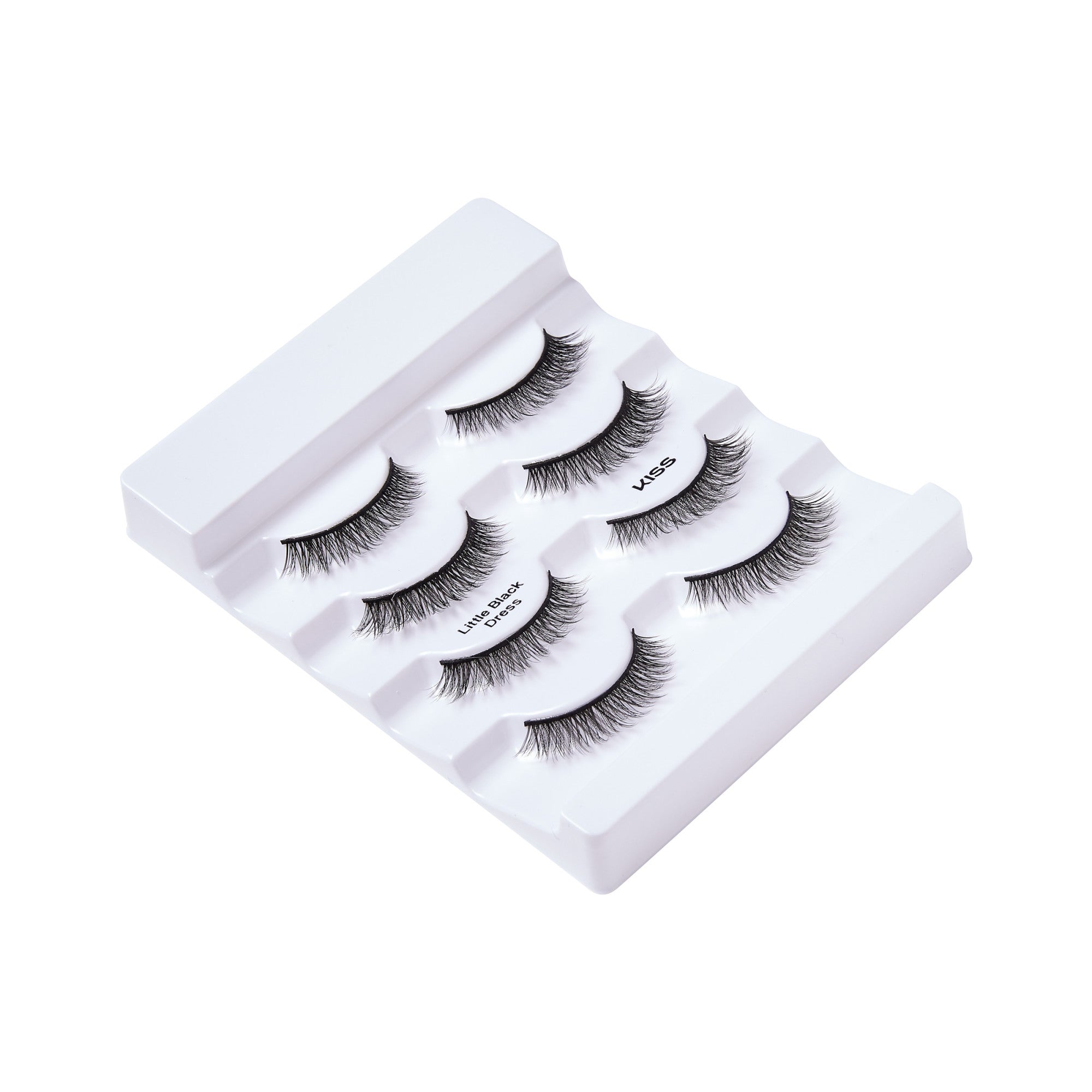 Set of five pairs of black faux mink false eyelashes arranged on a white plastic tray, labeled \
