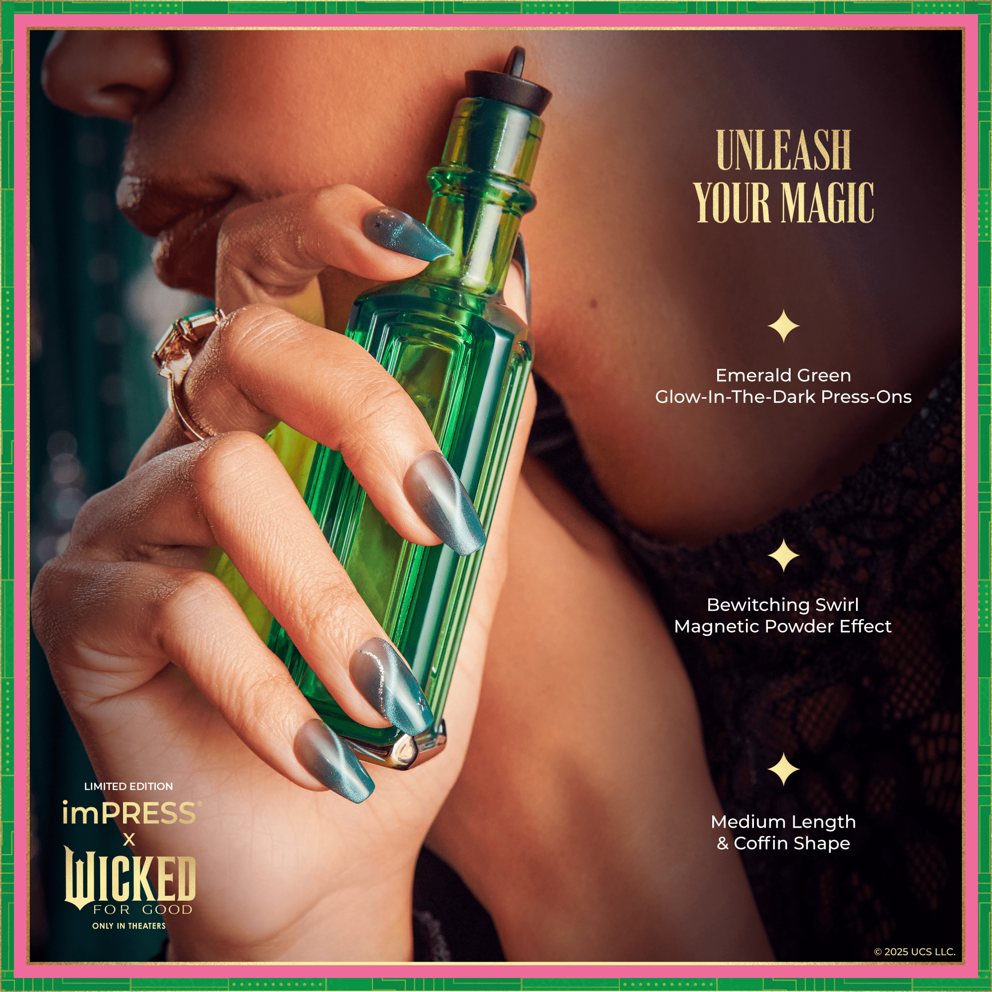 Close-up of a hand with medium-length, coffin-shaped emerald green nails featuring a magnetic swirl effect, holding a green glass bottle, with text promoting glow-in-the-dark press-ons and the tagline \
