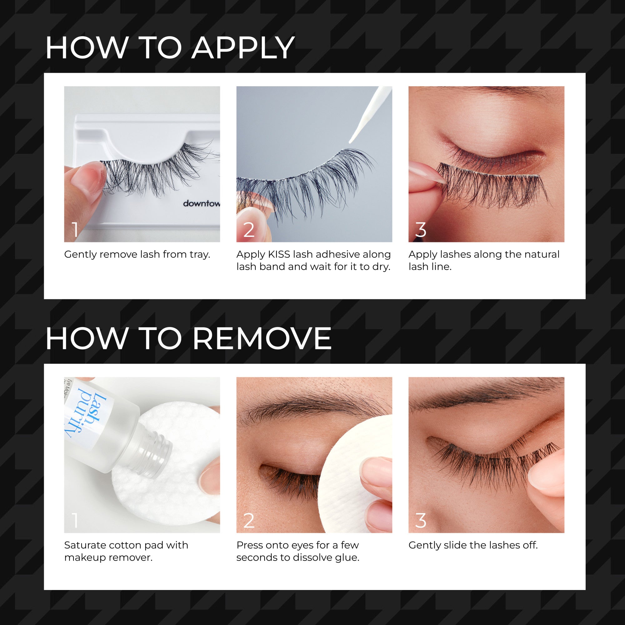 Step-by-step application and removal guide for Lash Couture Masterpiece Lashes, showing close-ups of applying adhesive, placing lashes, using remover on cotton pad, and gently removing lashes.