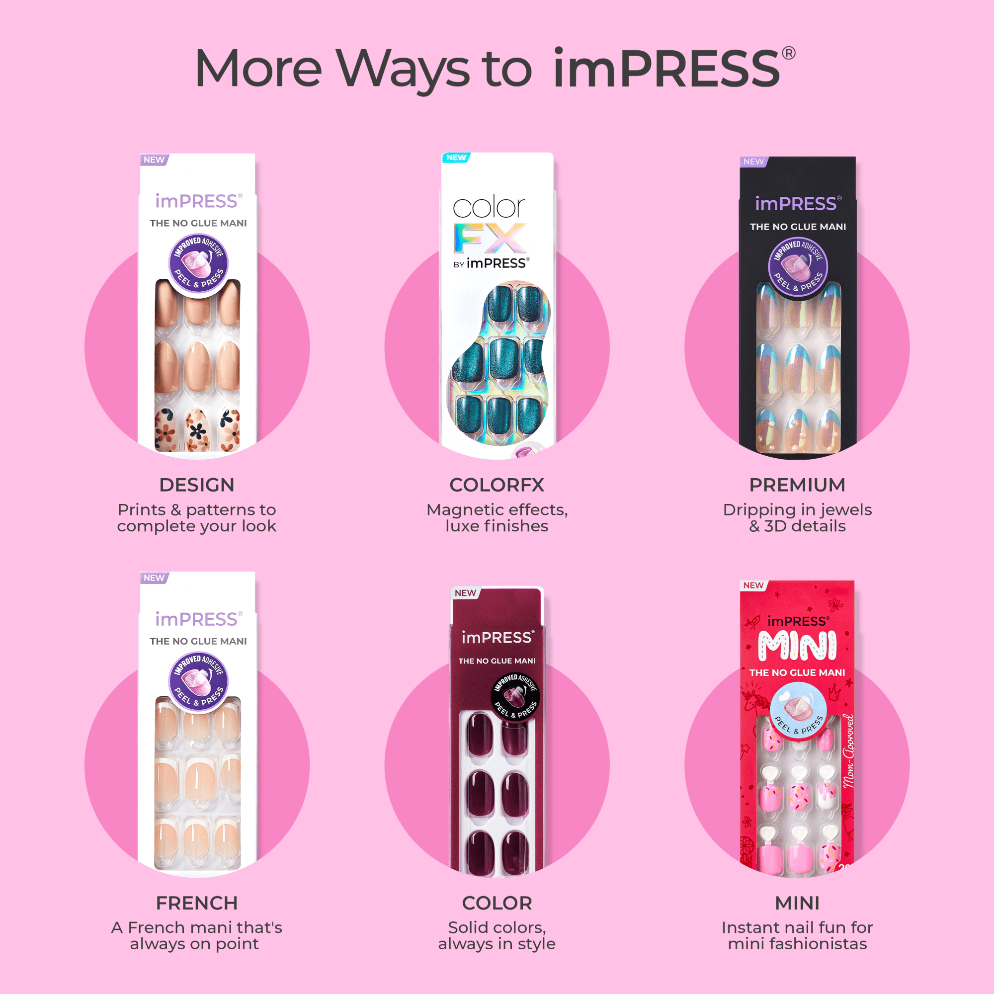 imPRESS nail product line featuring Design, ColorFX, Premium, French, Color, and Mini collections