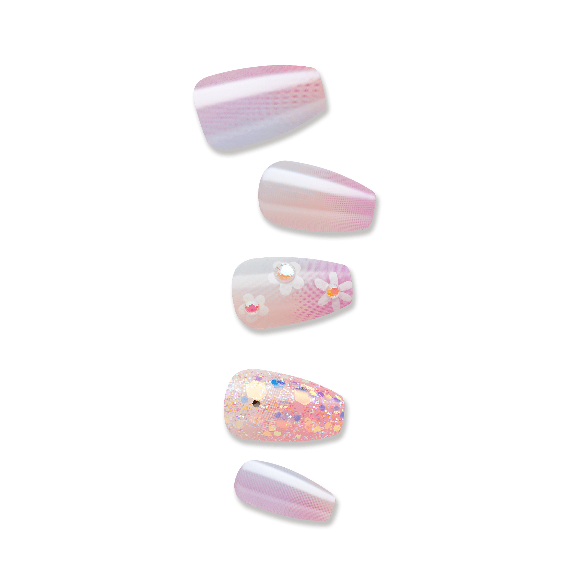 Set of five press-on nails with a pastel pink and white gradient, one nail featuring white daisy flowers with rhinestone centers, and one nail with multicolored glitter.
