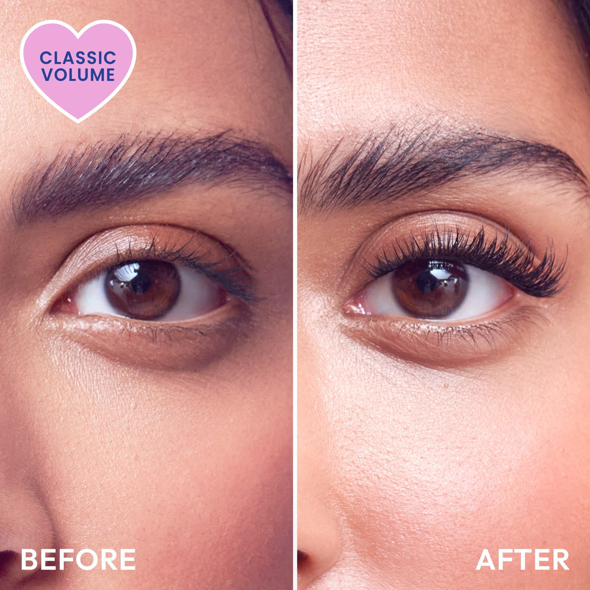 Classic Volume lash extension before/after comparison showing fuller lashes