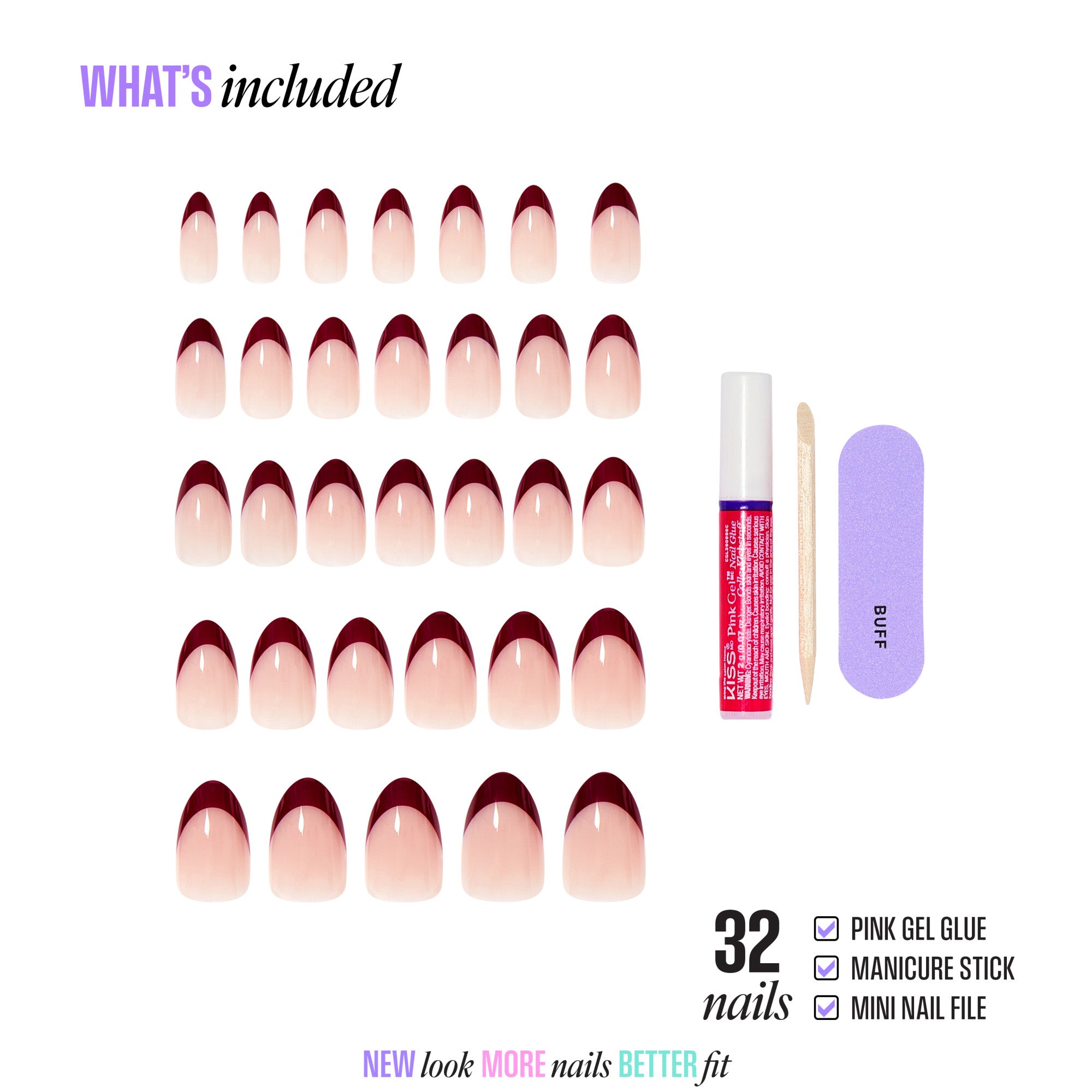 32 press-on nails with burgundy ombre gradient, pink gel glue, manicure stick, and mini nail file included.
