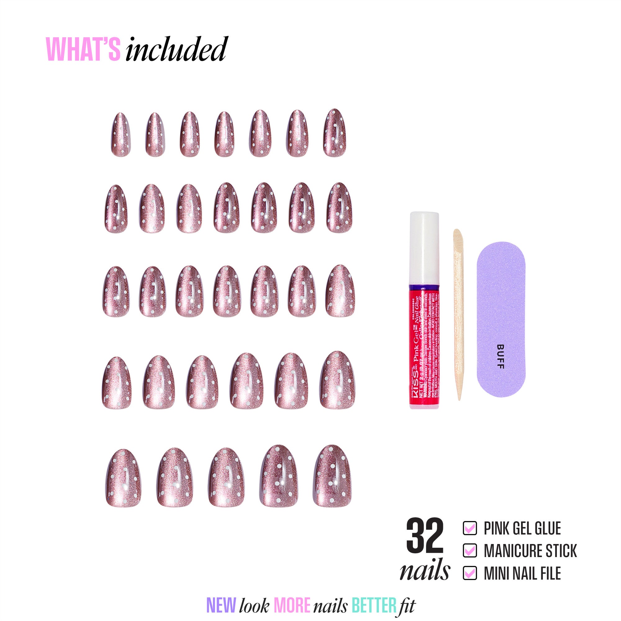 Kiss Glam Embellished Press On Fake Glue Nails - Velvet Noir | 3D & Jewel Design, Pink, Medium, Almond