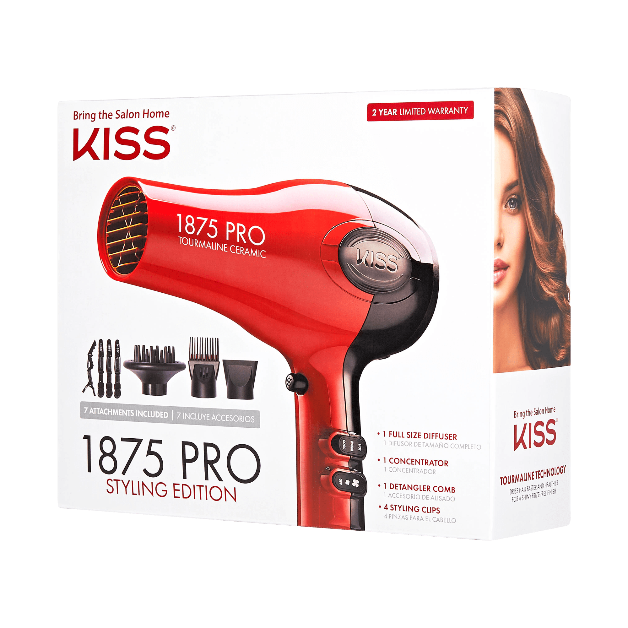 KISS 1875 Pro Tourmaline Ceramic Dryer in red with black accents, showing included attachments: diffuser, concentrator, comb, and clips, plus 2-year warranty.