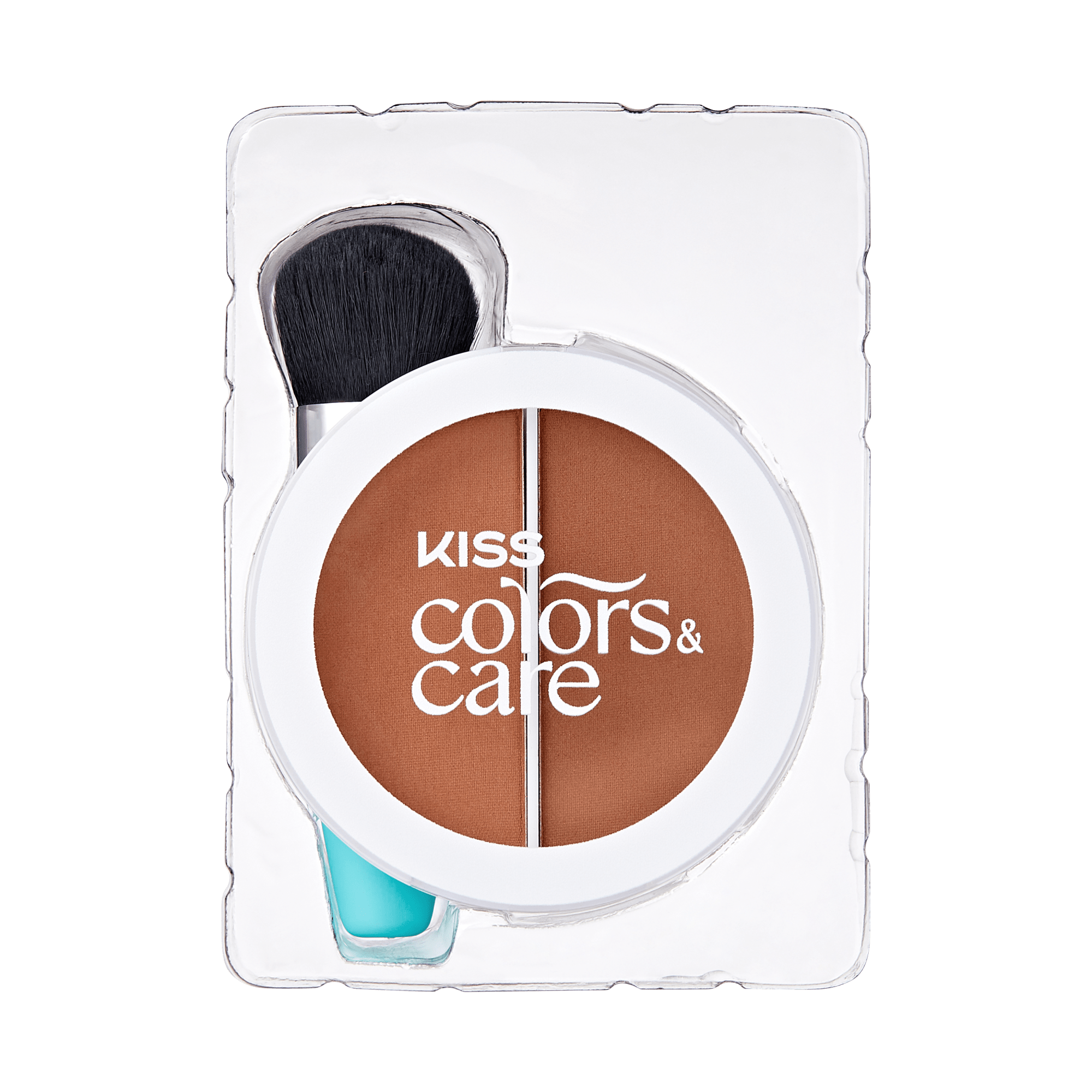 Kiss Colors & Care makeup product with two brown shades and a brush on a green background