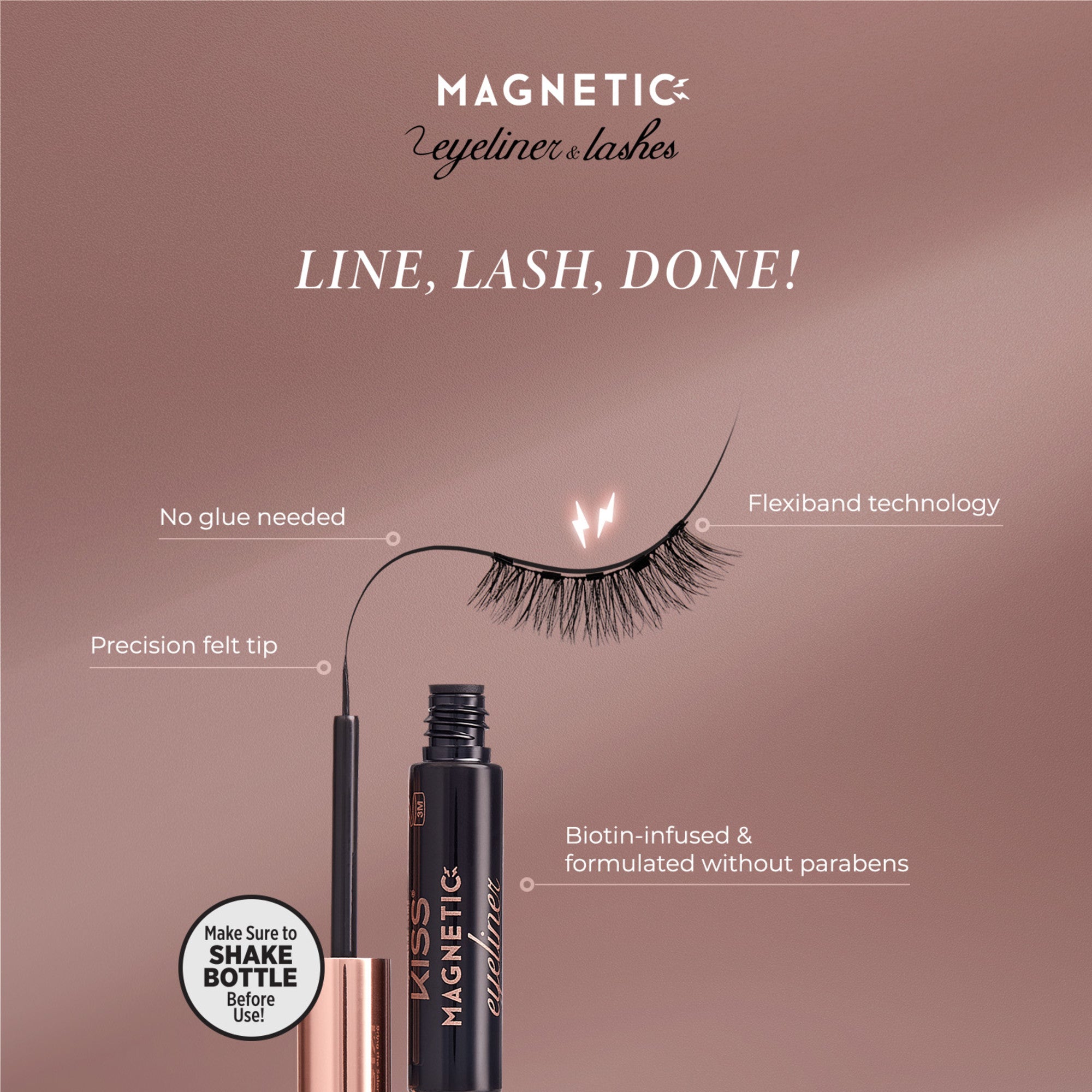KISS Magnetic Eyeliner with precision felt tip and magnetic lashes illustration on rose background, highlighting no glue needed, flexiband technology, and biotin-infused formula.