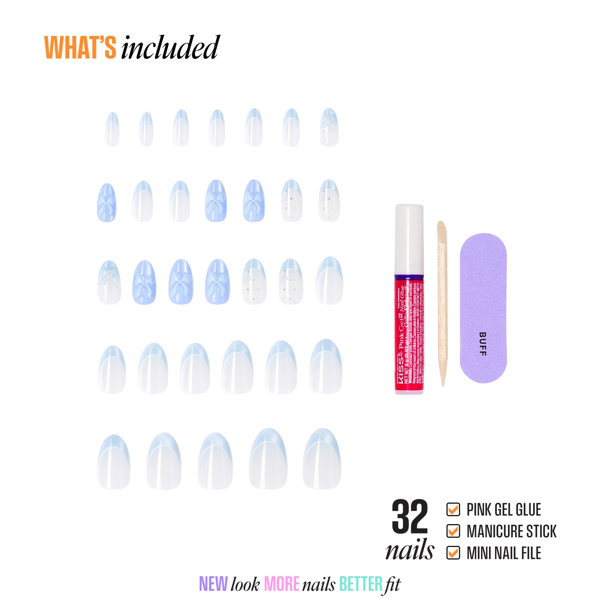 32 press-on nails with gel glue, manicure stick, and mini file included.