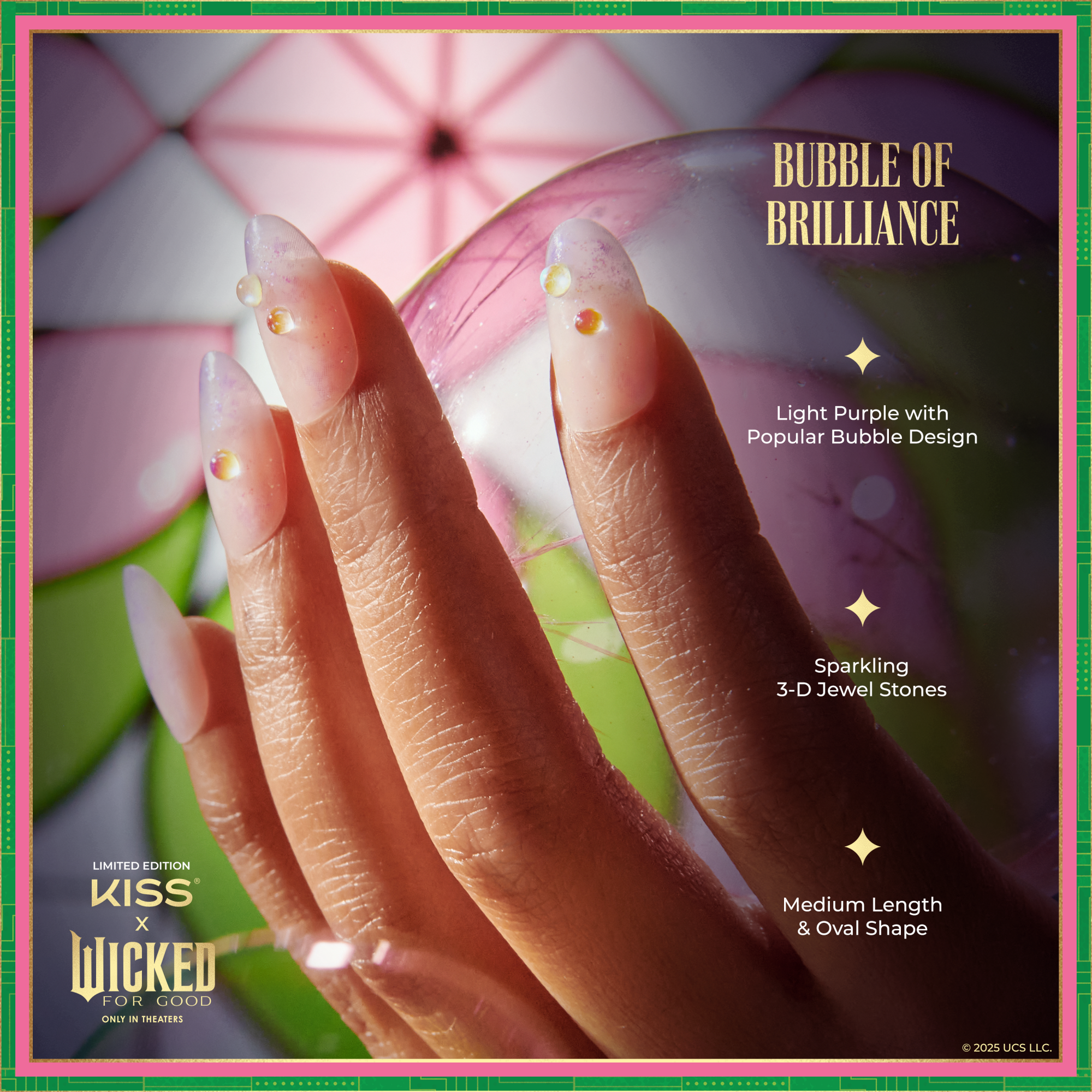 Hand with medium-length, oval-shaped, light purple nails featuring popular bubble design and sparkling 3-D jewel stones, holding a translucent orb. Text highlights “Bubble of Brilliance,” light purple bubble design, sparkling 3-D jewels, and medium length with oval shape.