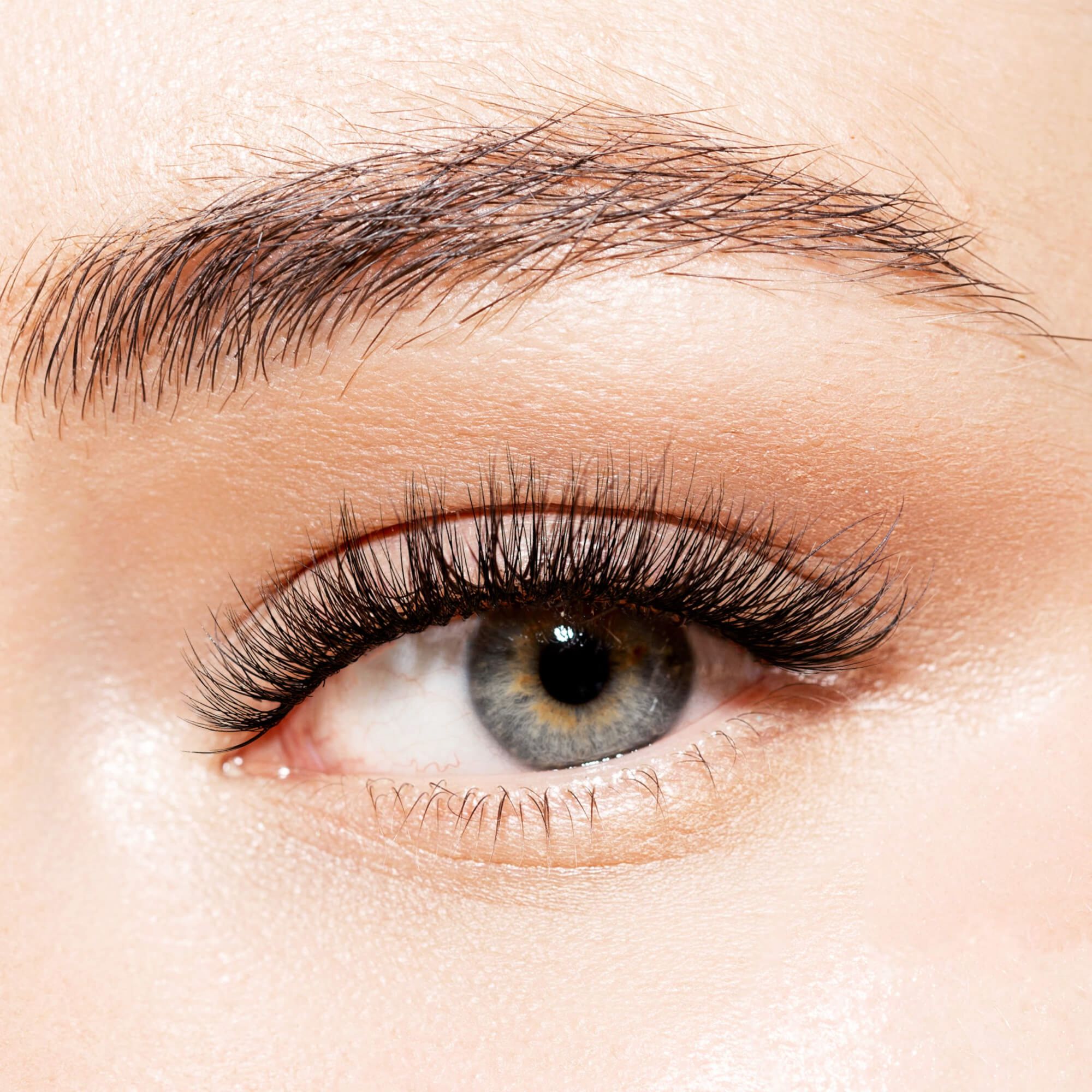 Close-up of a gray-blue eye with long, thick, curled black false eyelashes enhancing the upper lash line, featuring natural skin and brown eyebrow.