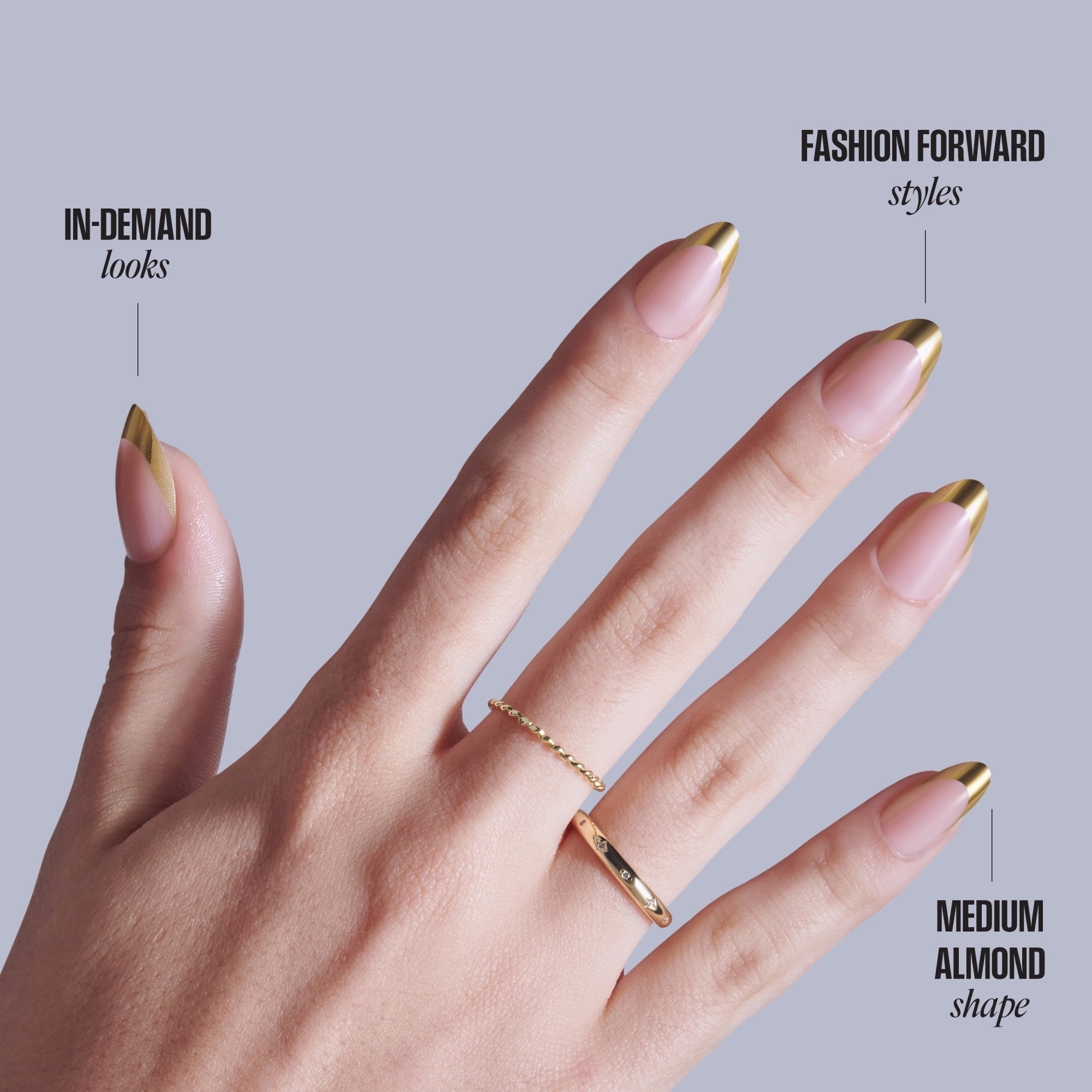 Gold-tipped almond nails with pink base, labeled as in-demand looks, fashion forward styles, and medium almond shape.