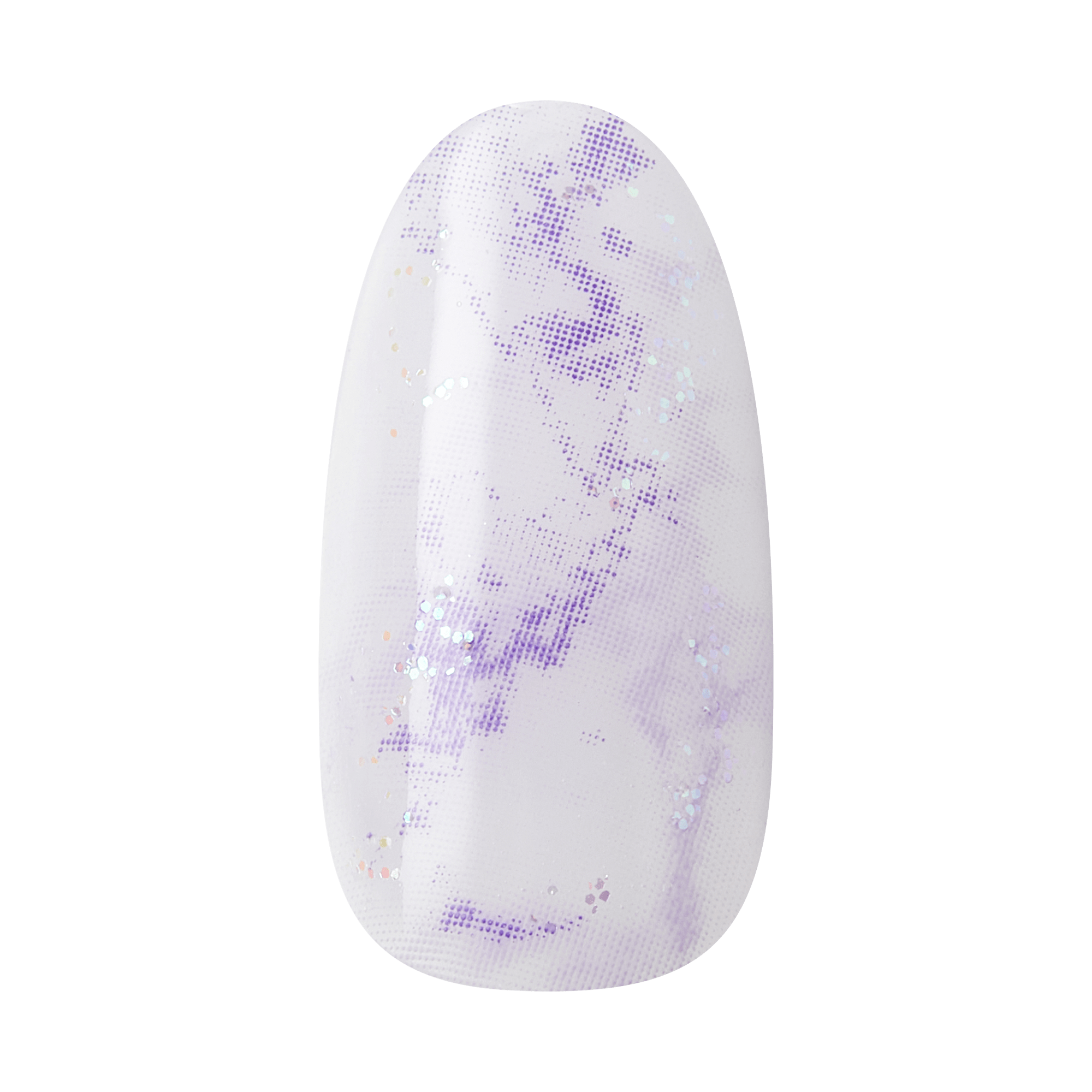 Oval artificial nail tip featuring a white base with subtle purple marbled patterns and small iridescent glitter specks.