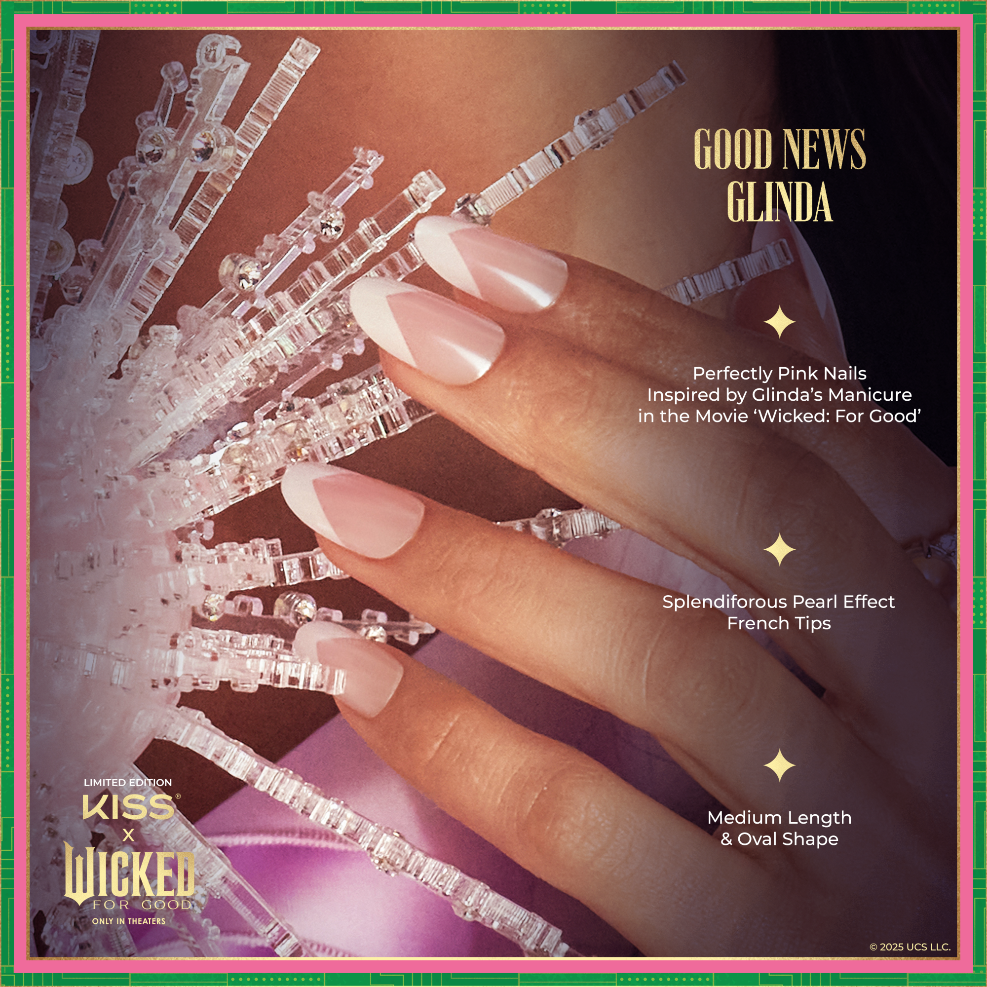 Hand with medium-length oval-shaped nails painted pink with pearl-effect French tips, holding a clear crystal-like decorative object. Text highlights inspiration from Glinda’s manicure in the movie \