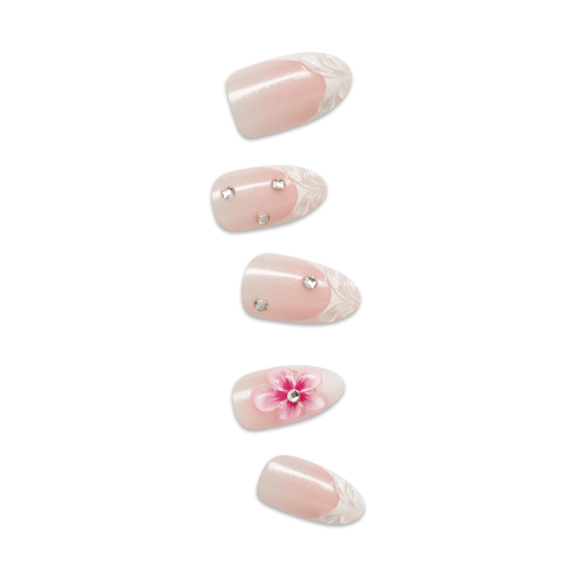 Five almond-shaped press-on nails with nude pink base, white feather details, rhinestones, and pink flower design.